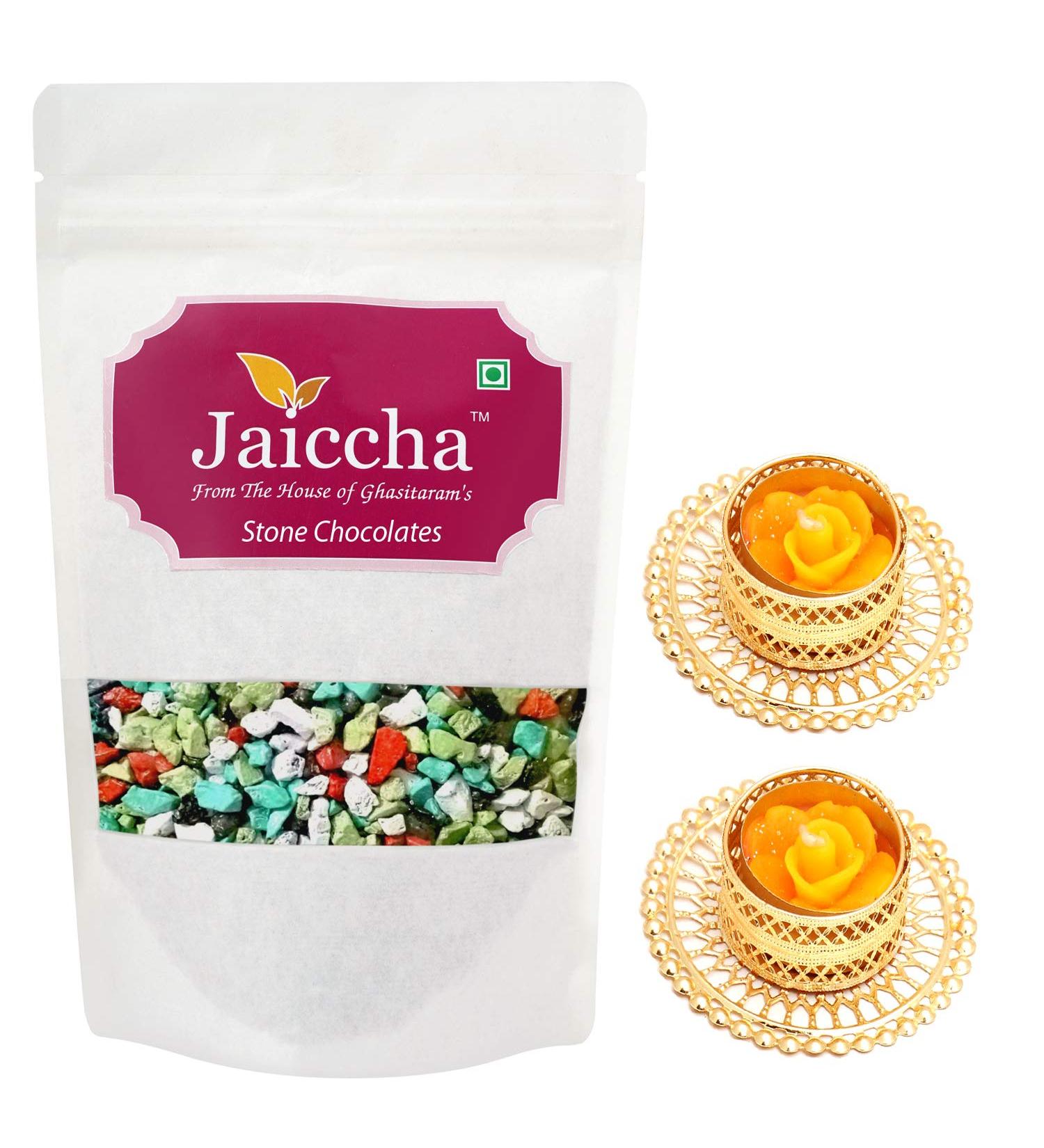Jaiccha Ghasitaram Diwali Gifts Chocolate - Stone/ Rock Chocolates 200 GMS in White Paper Pouch with 2 T-Lites - Buy Online on SooperMarket.com