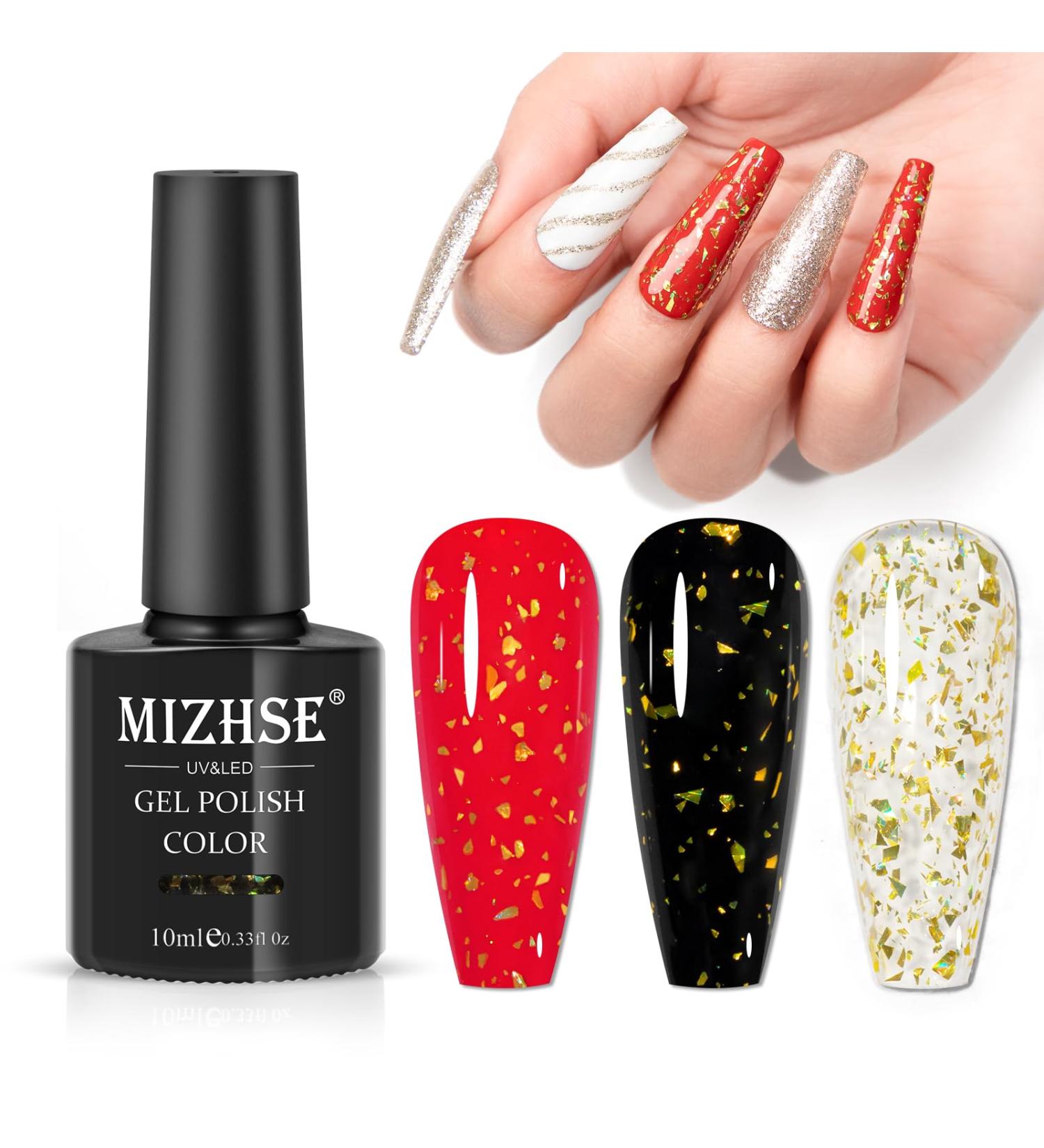 MIZHSE Gold Glitter Top Coat Gel Nail Polish - Sparkling Soak Off UV LED Gel for Salon & DIY Manicure - 10ml E-Gold Sequins Christmas Nail Decor - Buy Online on SooperMarket.com
