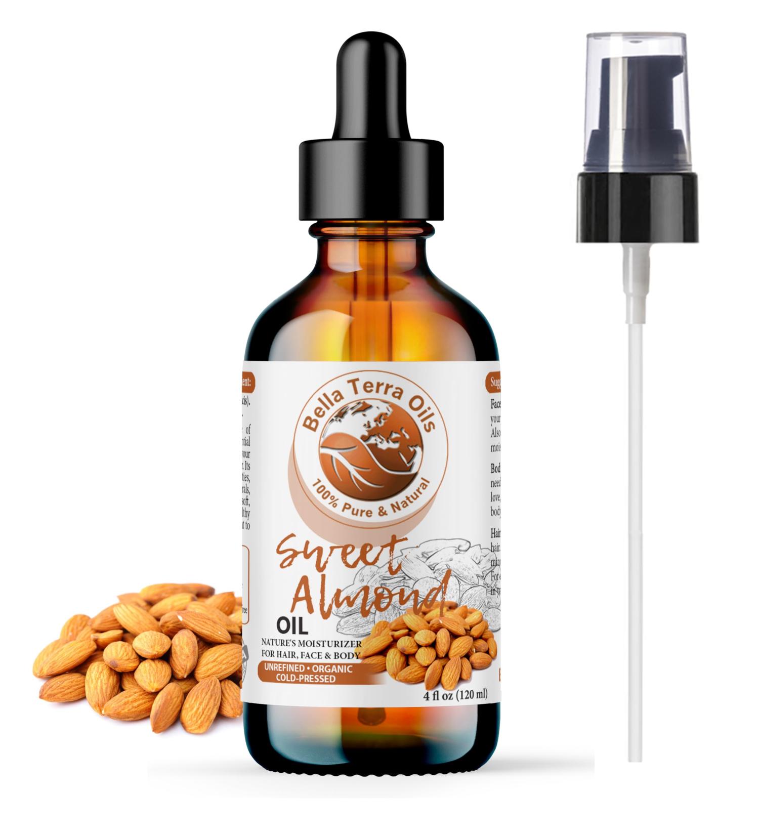 Organic Sweet Almond Oil 4oz - Bella Terra Oils | Pure Cold-Pressed Vitamin E Rich - Luxurious Skin Care - Buy Online on SooperMarket.com