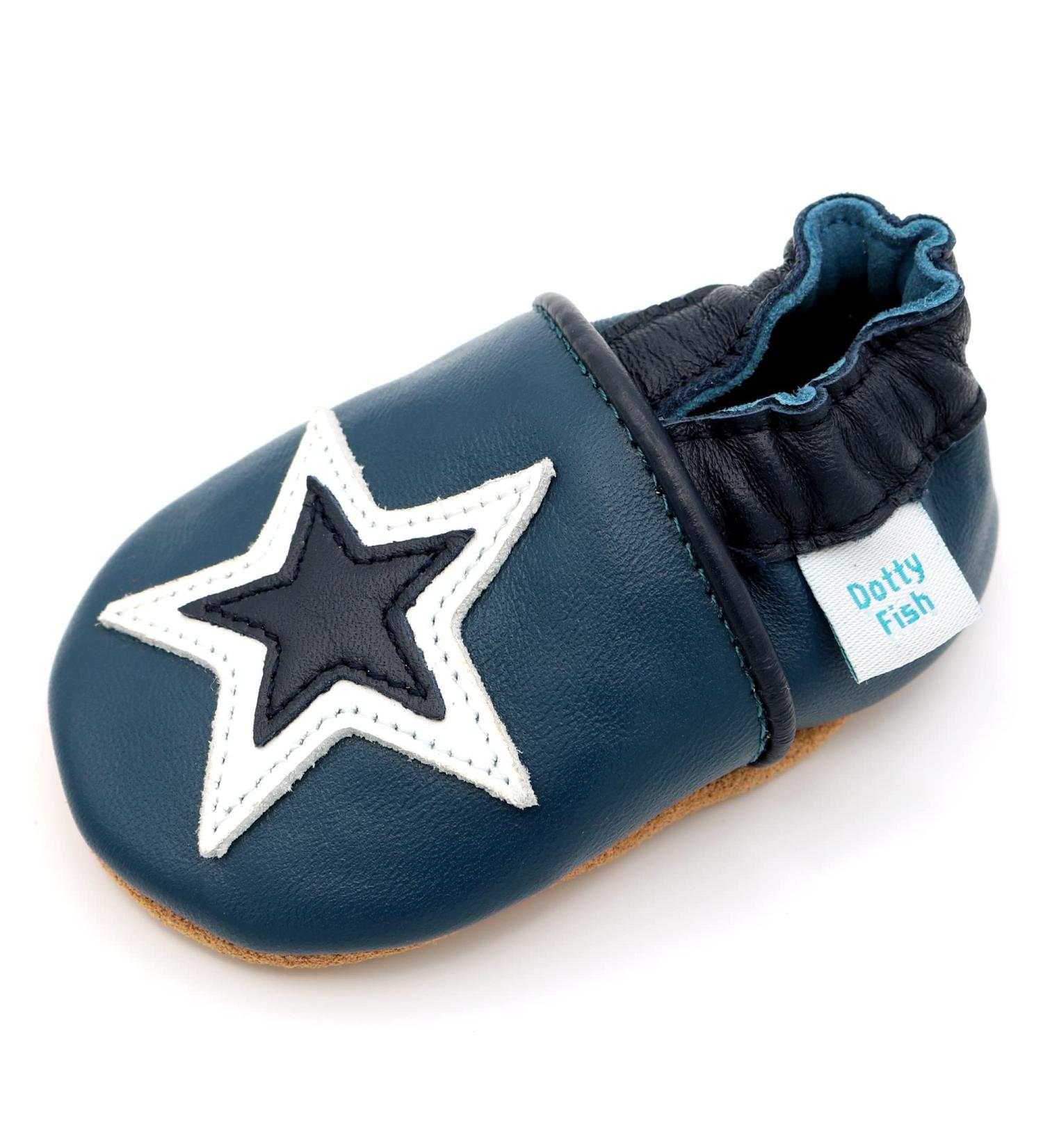 Dotty Fish Soft Leather Baby Shoes | Non-Slip Suede Soles | Toddler Shoes for Boys | Navy and White Star Design | Sizes 0-6 Months to 4-5 Years - Buy Online on SooperMarket.com