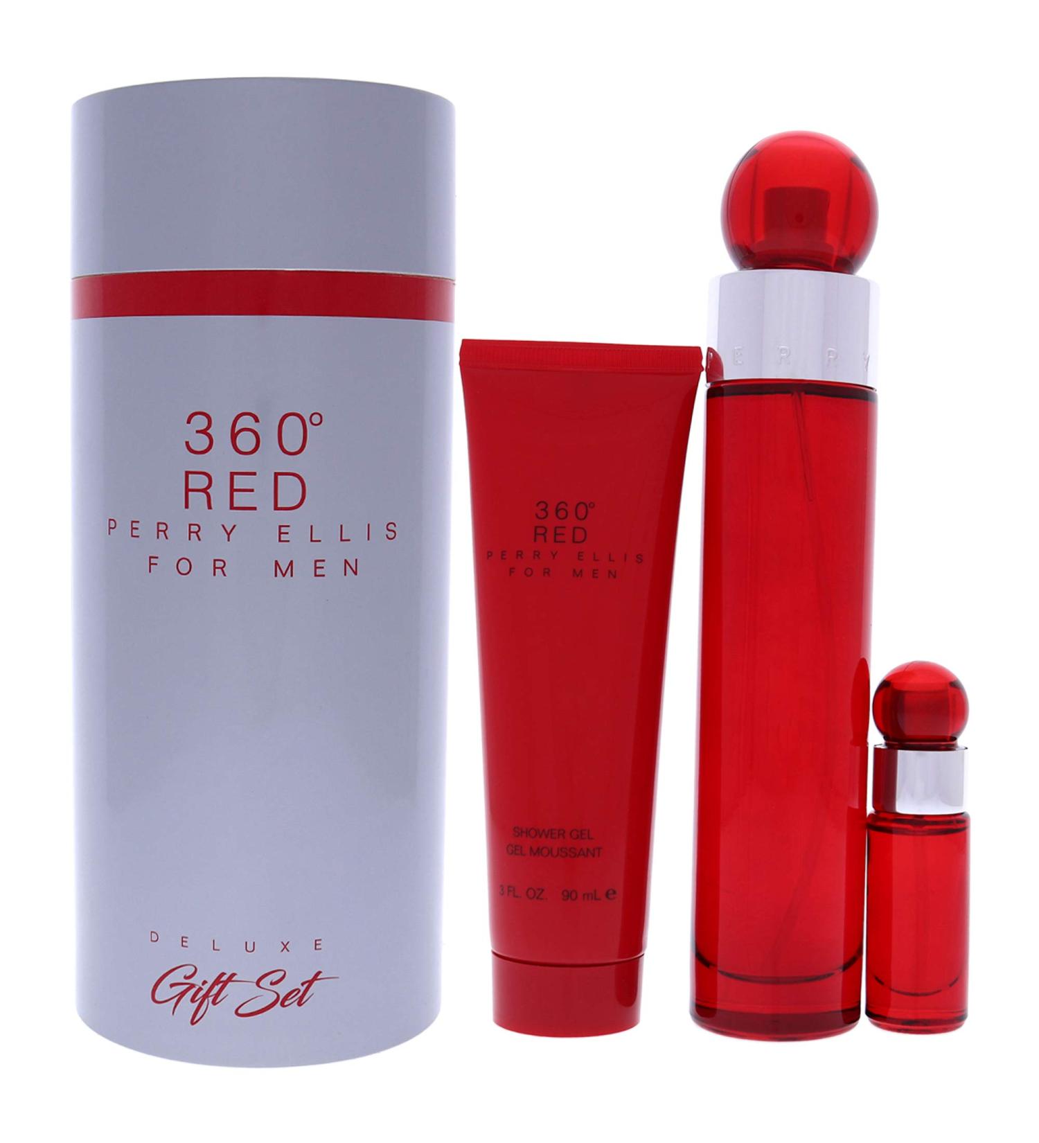 Perry Ellis 360 Red Men 3.4oz EDT Spray 7.5ml EDT Mini Spray 3oz Shower Gel 3 Pc Gift Set