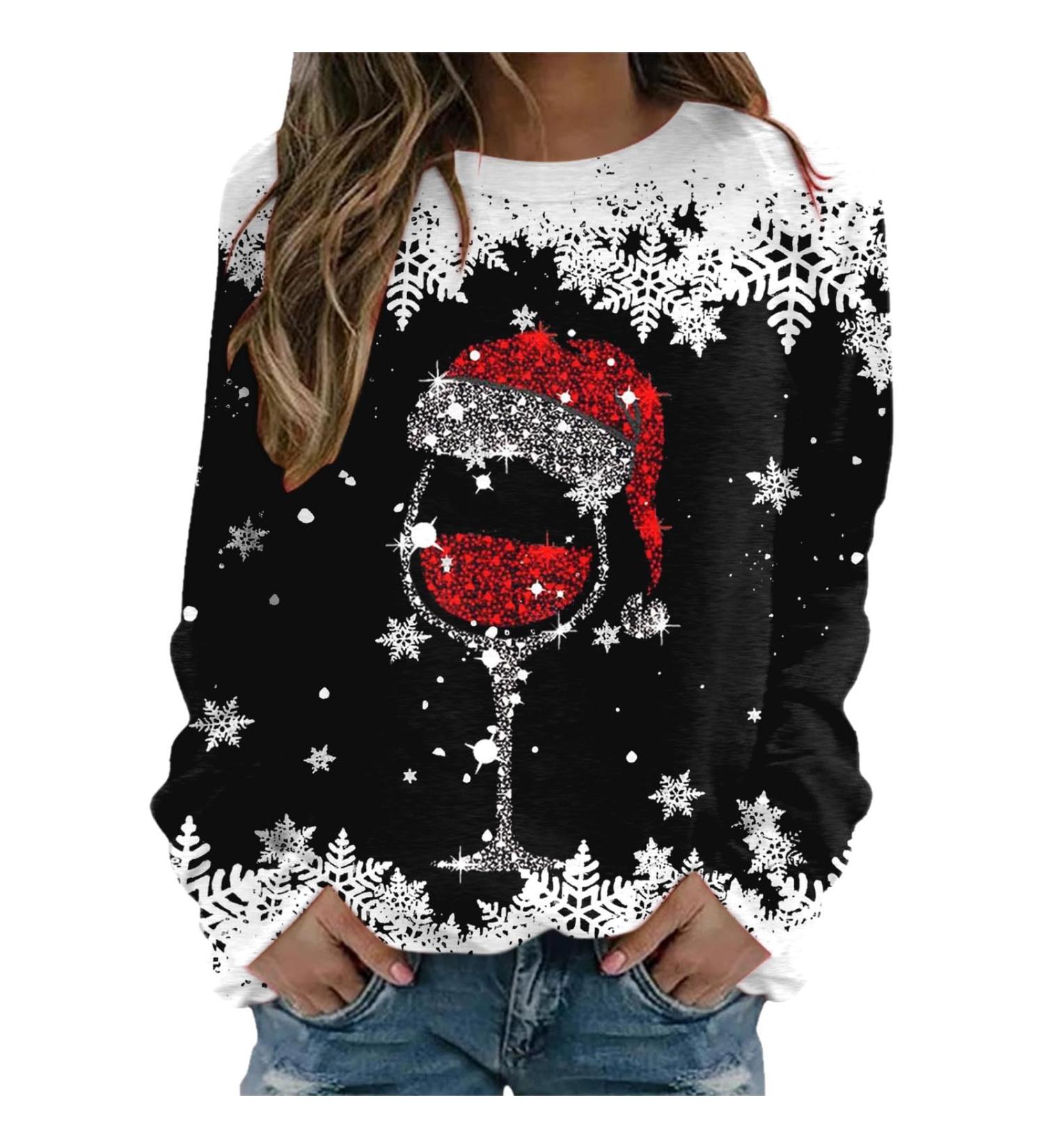 Women's Christmas Snowman & Penguin Print Sweatshirt | O-Neck Raglan Pullover | Cozy Xmas Jumper | Black, Size S - Buy Online on SooperMarket.com