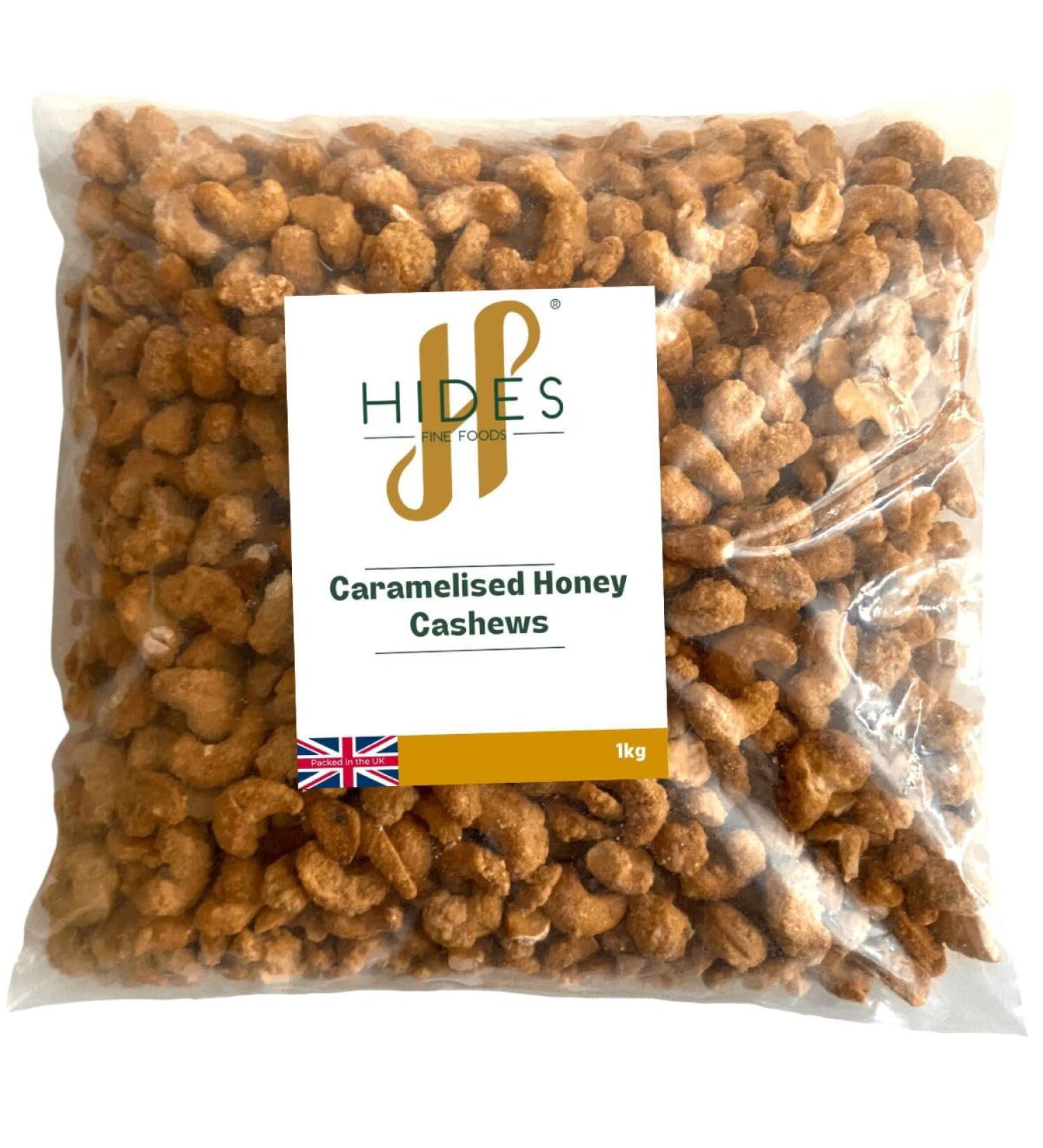 Hides Fine Foods - Caramelised Honey Cashews 1kg - Suitable for Vegetarians - GMO Free - Snacking - Protein Snack - Bar Snack - Perfect for Parties - Heart Healthy Fats - High Fibre - Buy Online on SooperMarket.com