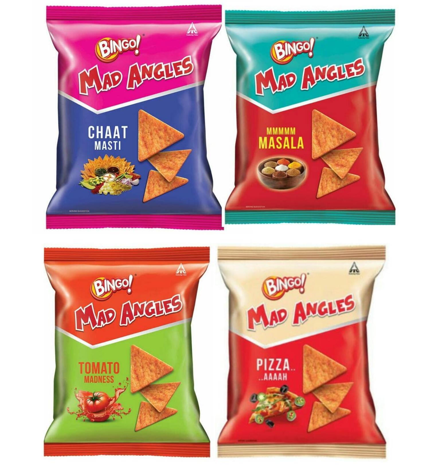 Bingo! Mad Angles Corn-Based Crunchy Chips Perfect for Snacking (Pack Of 4) Delicious Tasty And Twisty Treat Sold By Kidzbuzz (Bingo Mmmmm Masala) - Buy Online on SooperMarket.com