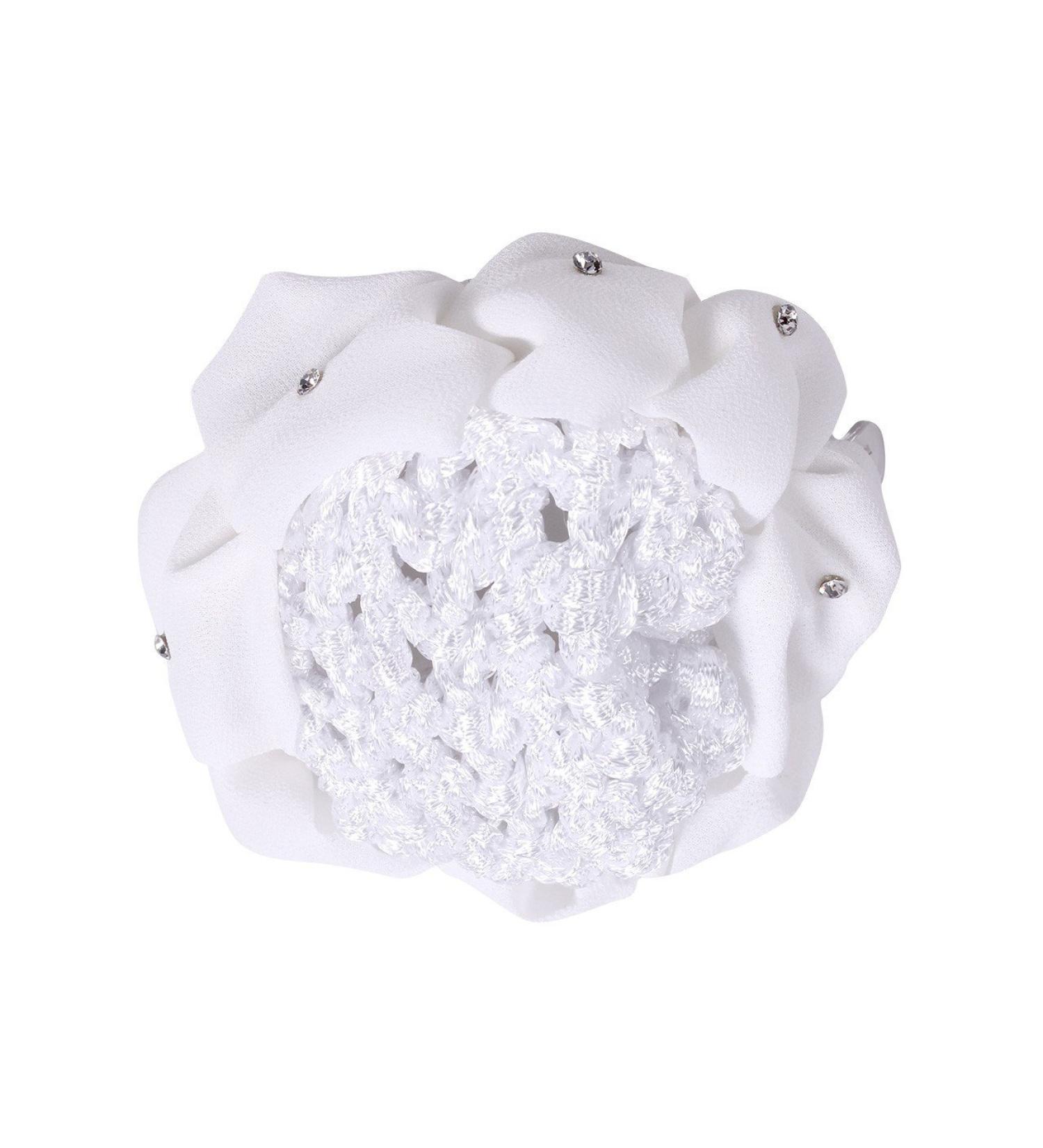 QHP hair bow flower hair net elastic universal size rhinestones various colors white