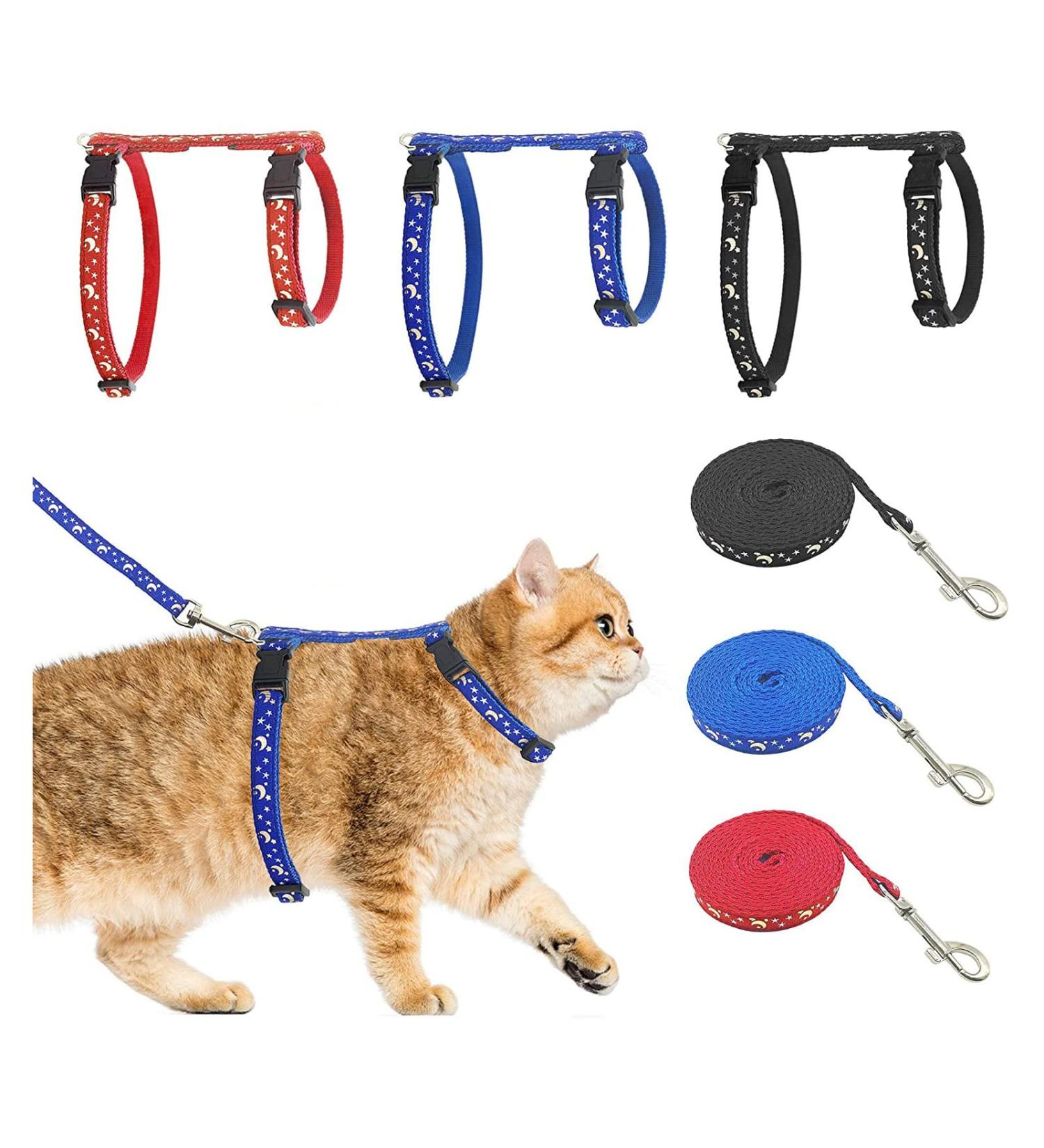 Cat Harness with Leash 3-Pack - Stars Moon Paw Heart Design - Escape Proof - for Walking Small Medium Large Cats - Black Red Blue - Adjustable & Safe - Set of 3 - Buy Online on SooperMarket.com