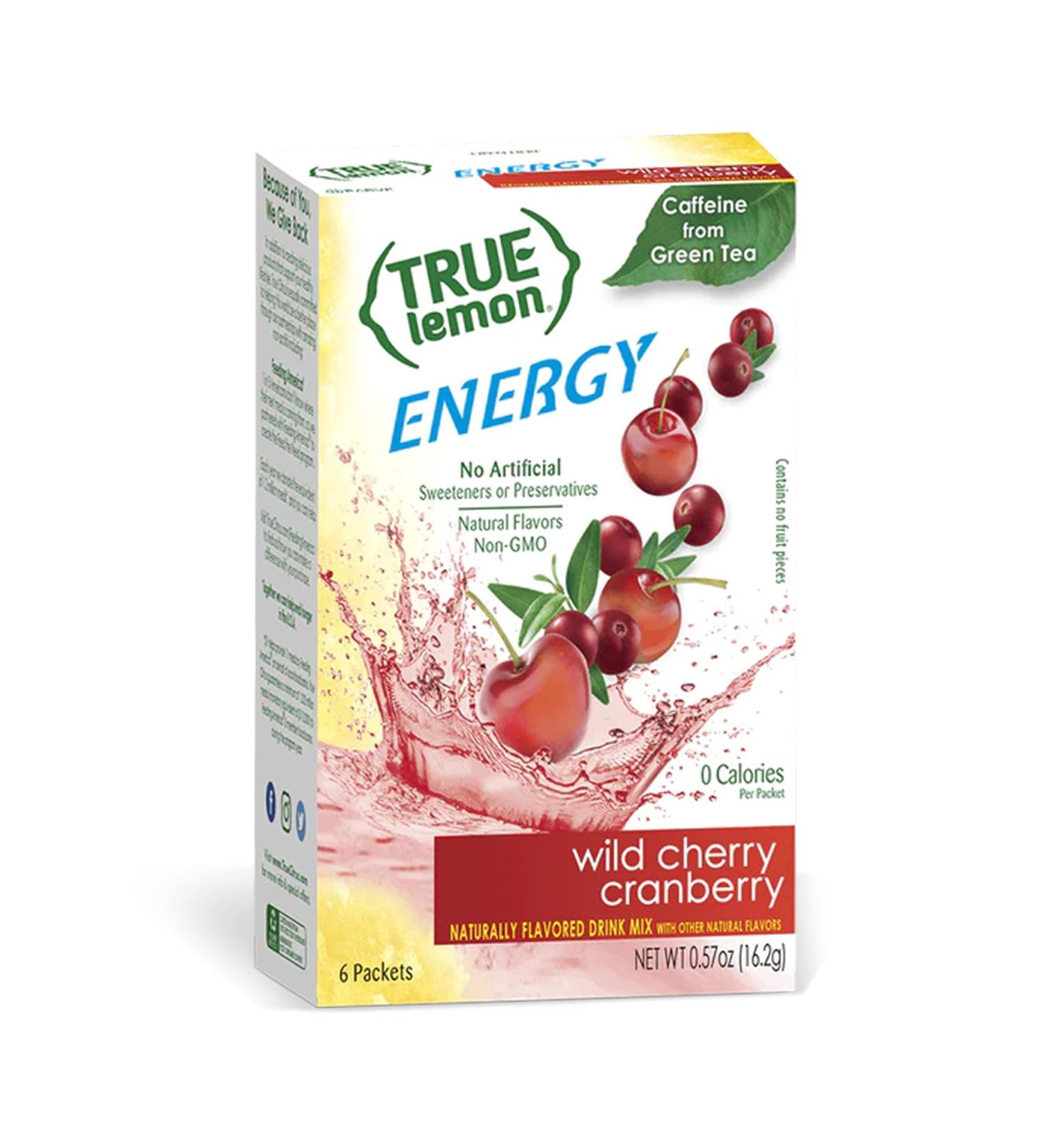 TRUE LEMON Energy Wild Cherry Cranberry Drink Mix - 6 Count Packets with Stevia - Gluten Free Water Flavor Enhancer - No Preservatives or Artificial Sweeteners - Pack of 12 - Buy Online on SooperMarket.com