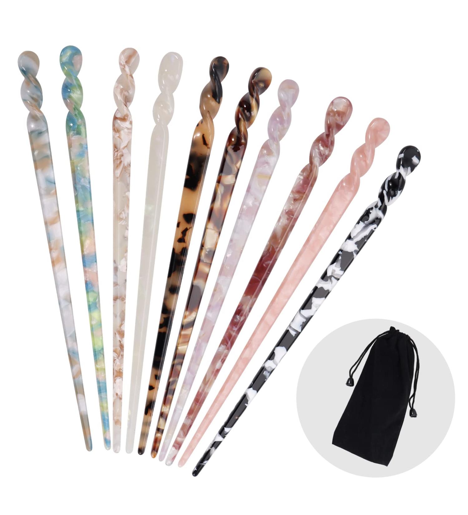 10 Pieces Leopard Print Acetate Hair Sticks - Vintage Styling for Women - Tortoise Shell Hairpins - Long Hair Accessories with Flannelette Bag - Buy Online on SooperMarket.com