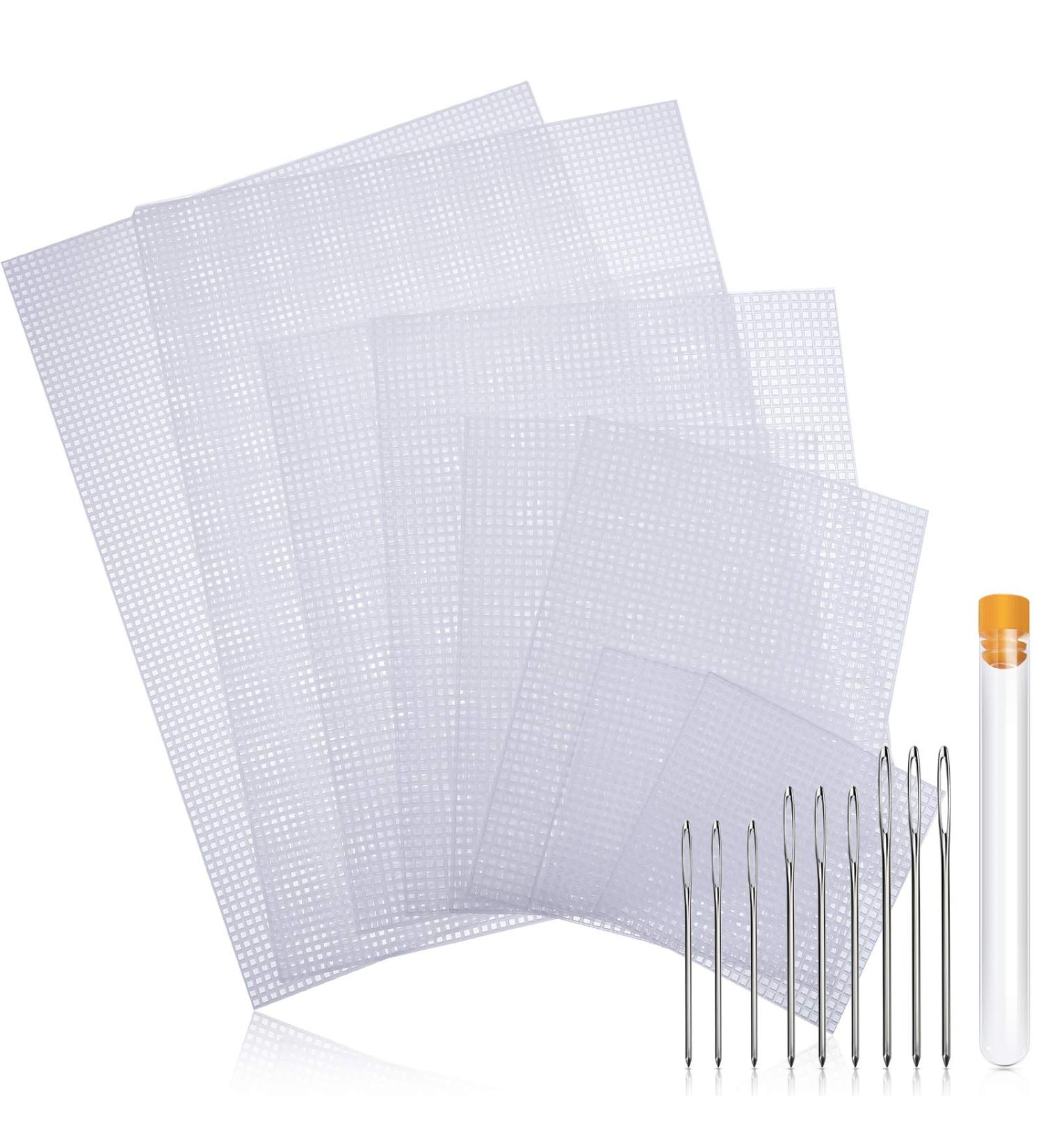 Clear Plastic Mesh Canvas Sheets Set with Large Eye Stitching Needles for Embroidery Craft - 8 Pieces in Various Sizes - Buy Online on SooperMarket.com
