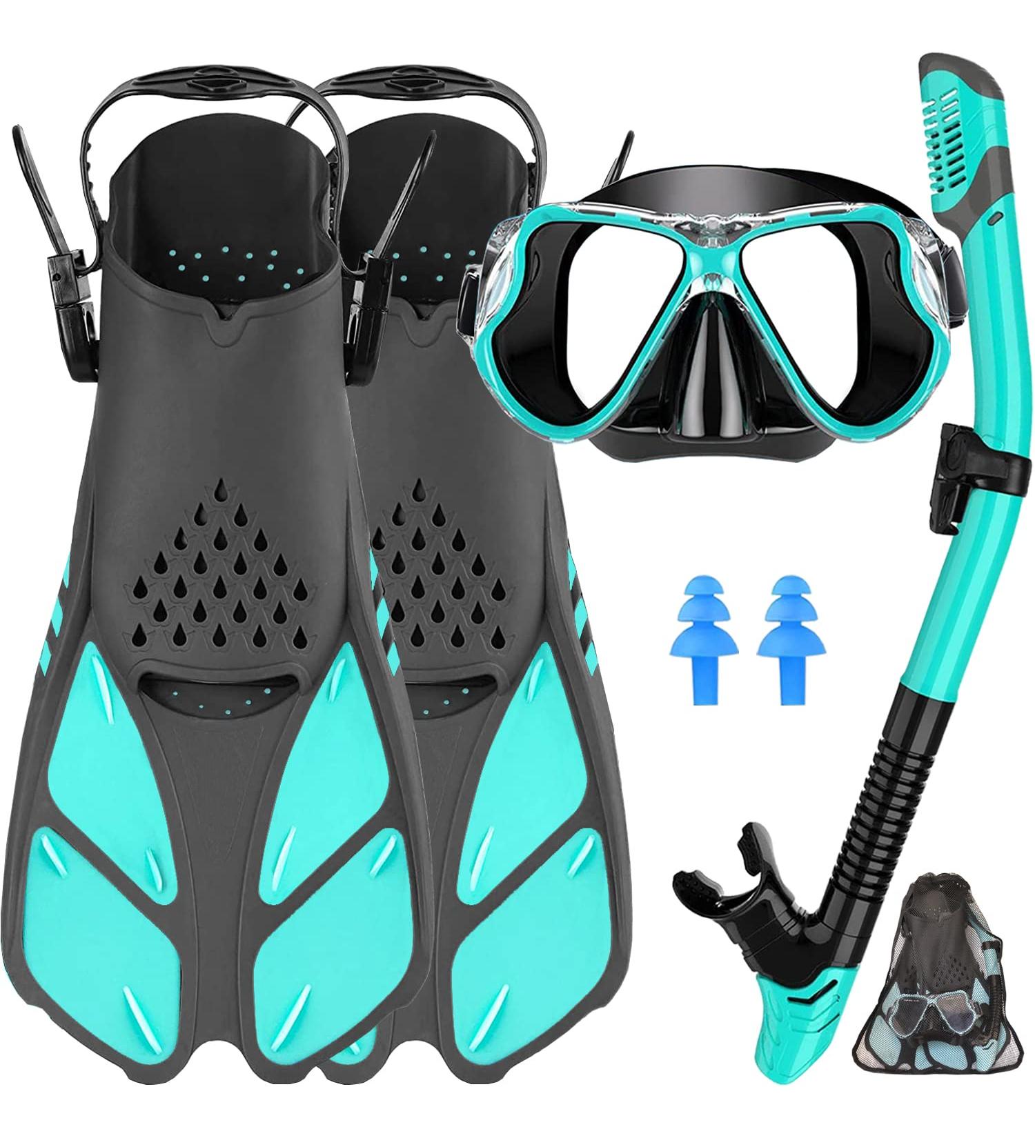 Createy Snorkel Set | Panoramic View Diving Mask, Trek Fin, Dry Top Snorkel - Green | S/M Adults 4.5-8.5 - Buy Online on SooperMarket.com