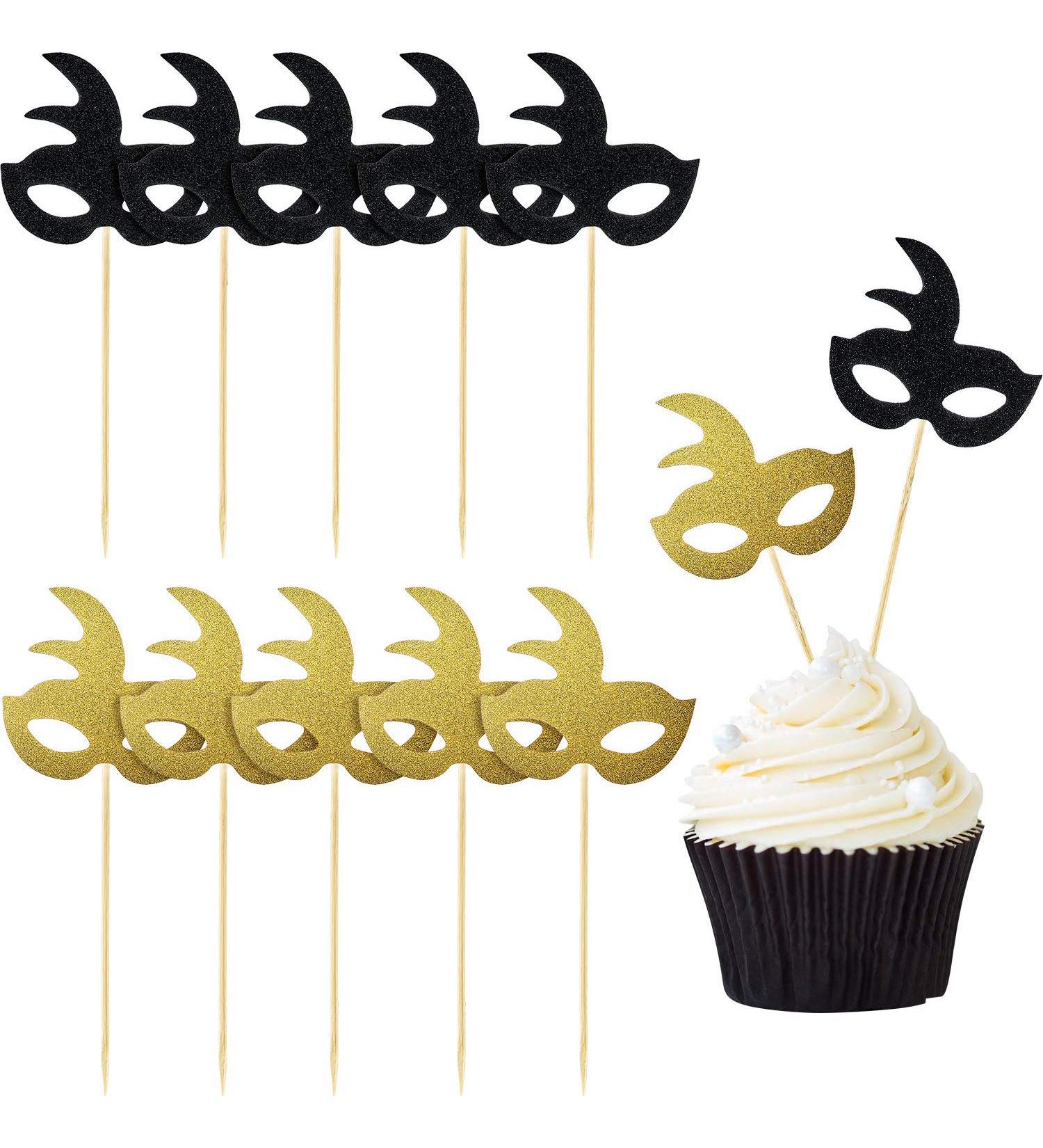48 Pieces Masquerade Masks Cupcake Topper Glitter Mask Cake Topper Picks Dessert Cupcake Toppers for Masquerade Mardi Gras Party Baby Shower Birthday Party Decorations (Gold and Black) - Buy Online on SooperMarket.com