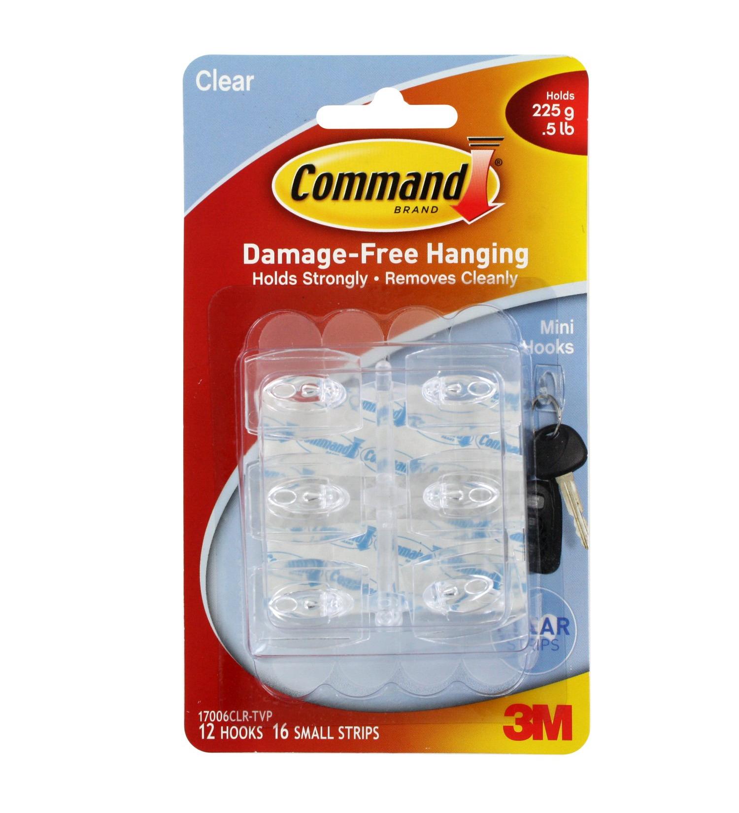 Command Mini Clear Hooks with Clear Strips 17006CLR-VP 12 Hooks with 16 Adhesive Strips per Pack