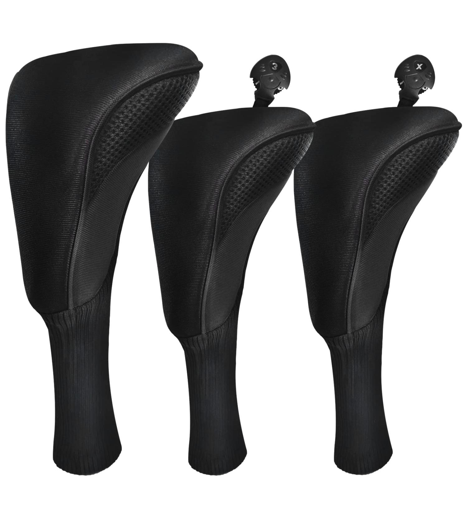 Golf Club Head Covers Set - Long Neck Mesh Sports Fan Design - 3 Pieces with Interchangeable No. Tags - Ideal Golf Accessories for Fairway Woods, Driver & Hybrids - Black - Men and Women - Buy Online on SooperMarket.com