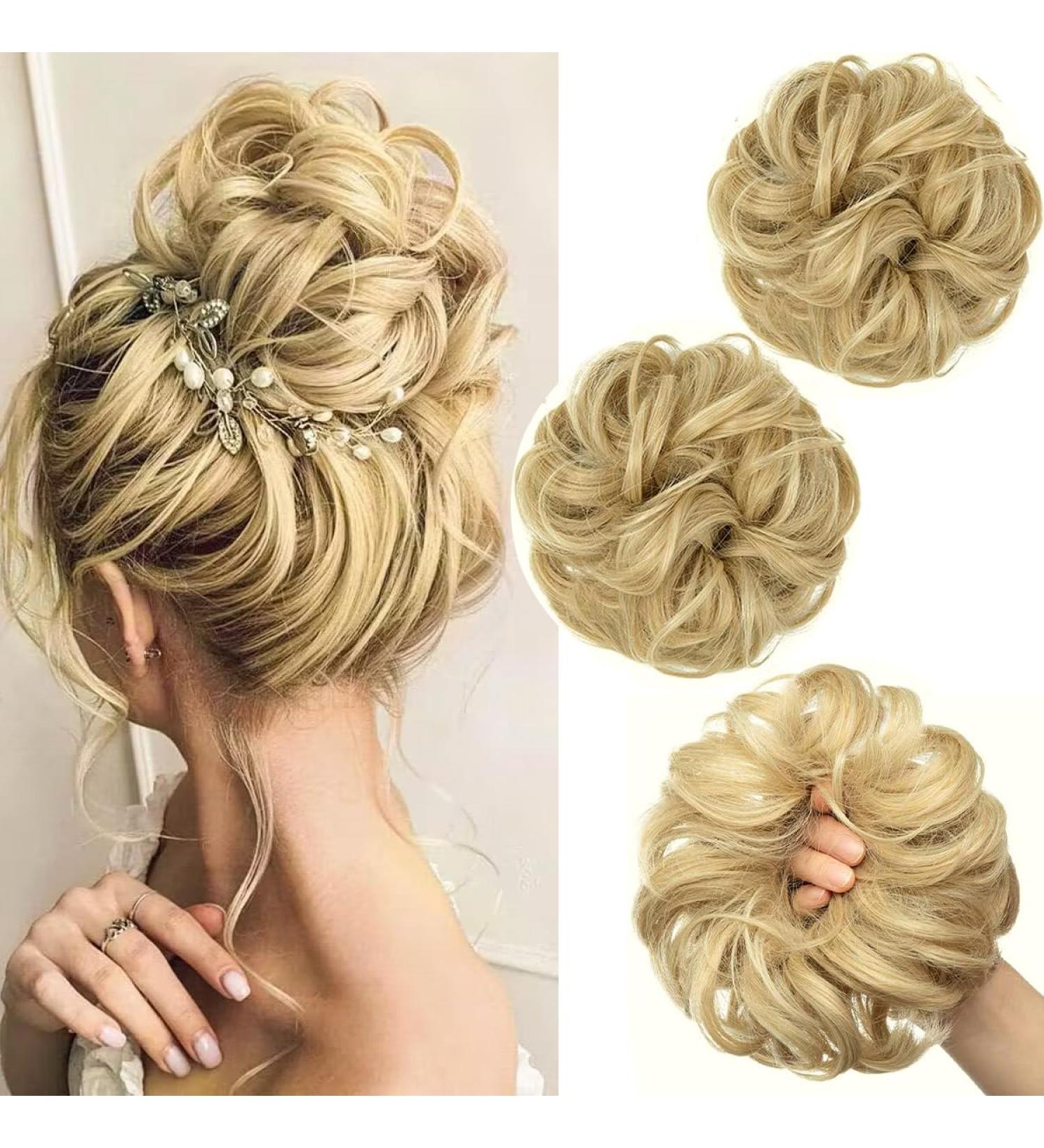 PORSMEER 2pc Messy Hair Buns Extensions Blonde Curly Wavy Scrunchies for Women Girls - Large Synthetic Updo Chignons 24/613 - Buy Online on SooperMarket.com