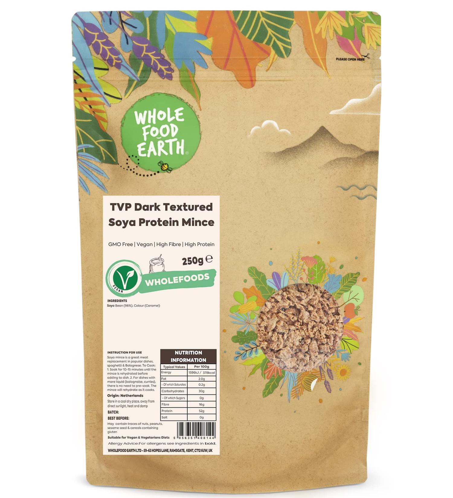 Wholefood Earth TVP Dark Textured Soya Protein Mince 250 g | GMO Free | High Fibre | High Protein Soy 250g - Buy Online on SooperMarket.com