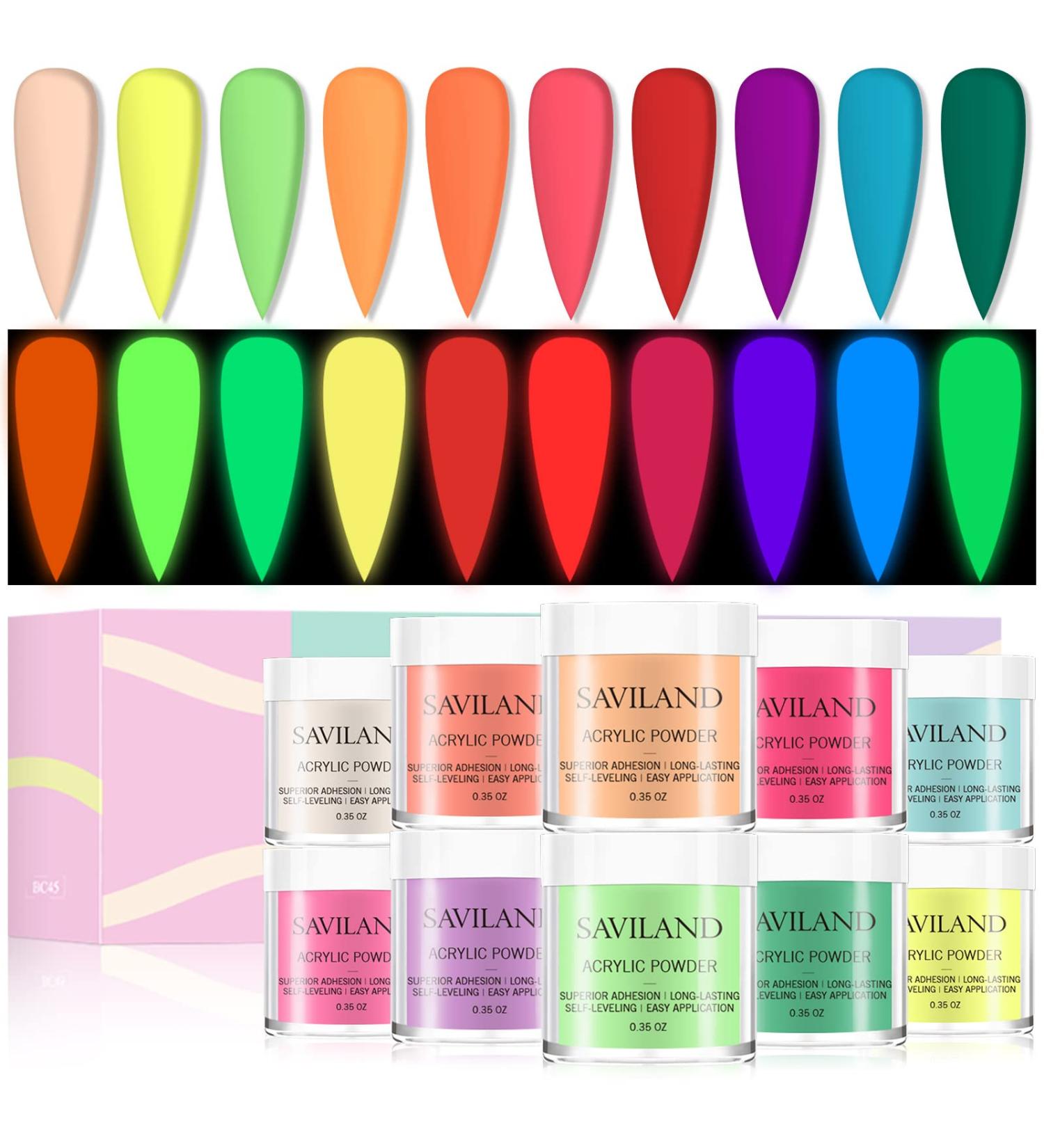Saviland Glows in The Dark Acrylic Powder Set - 10 Neon Colors for Halloween Nails DIY Manicure - Buy Online on SooperMarket.com