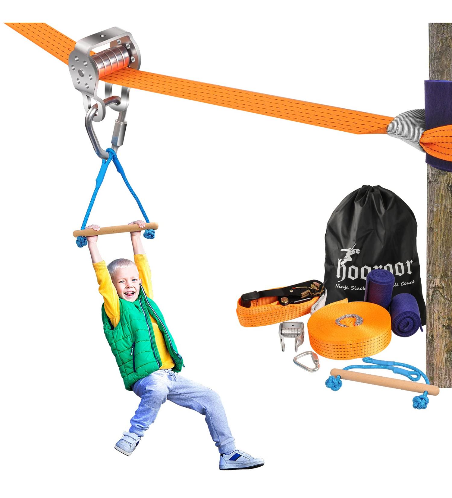 Hooroor Slackline Pulley with 52FT Zipline & Monkey Bar - Ninja Warrior Obstacle Course for Kids & Adults - Outdoor Toys Playset for Backyard Jungle Gym - Buy Online on SooperMarket.com