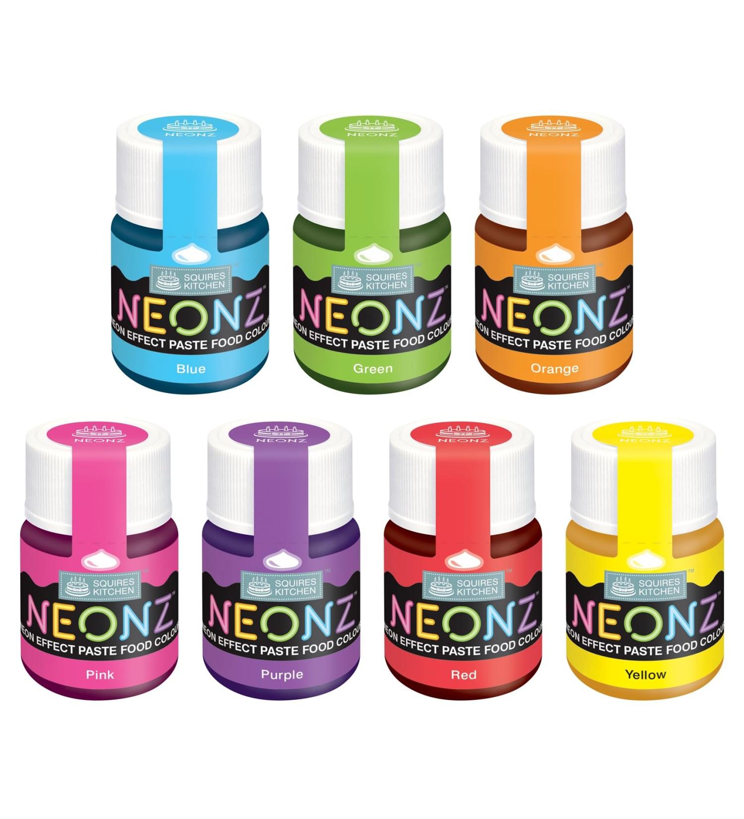 Squires Kitchen NEONZ Neon Effect Food Colouring Paste Rainbow Colours 7 Set Perfect for Buttercream Sugarpaste Modelling Pastes Fondant Royal Icing Cake Mixes and more! Rainbow 7 Set - Buy Online on SooperMarket.com