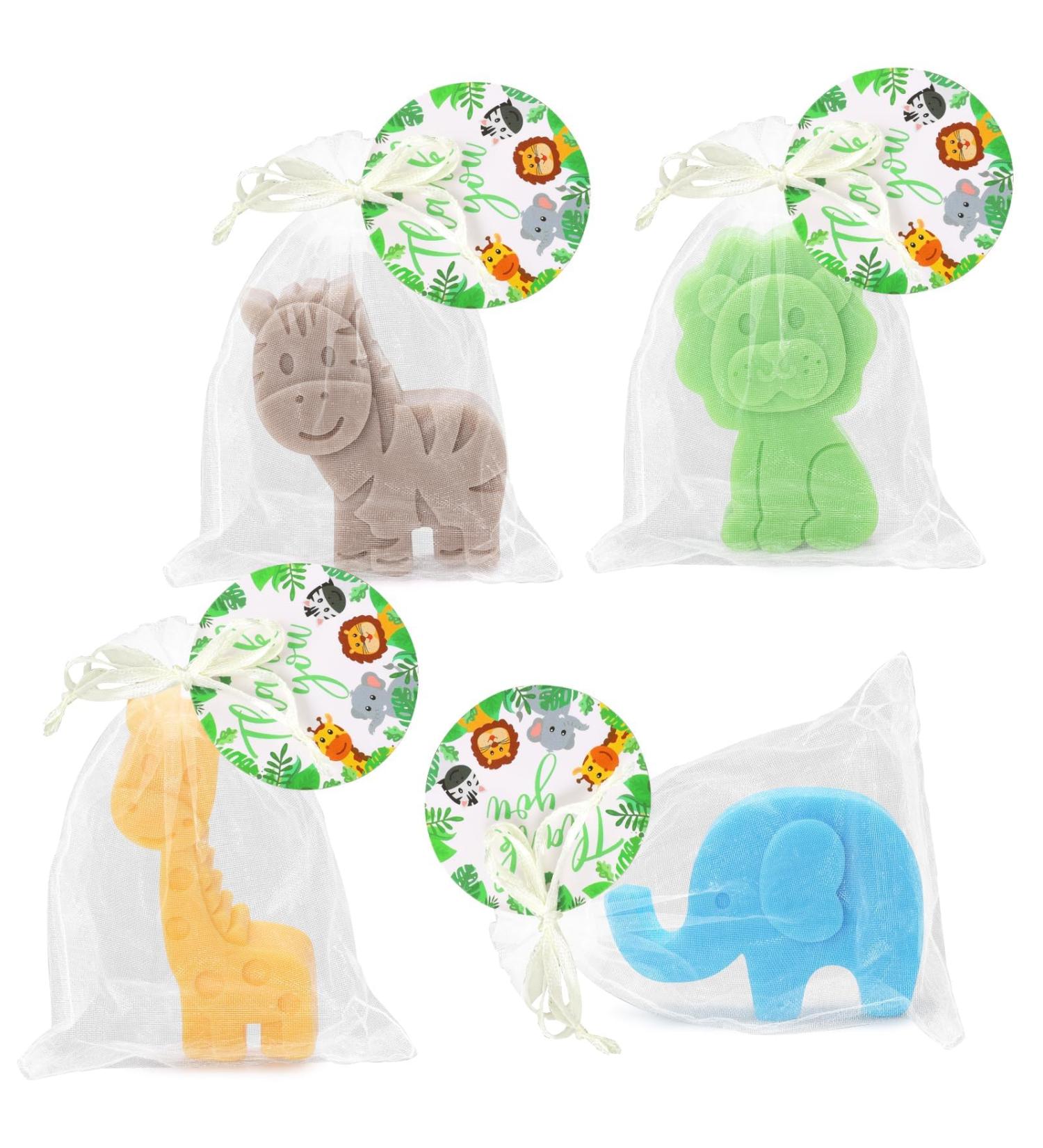 Woodland Baby Shower Soaps Favors Set - 4 Jungle Animal Shape Mini Soaps with Bags & Thank You Card | Perfect Kids Birthday Party Decor & Gifts - Buy Online on SooperMarket.com
