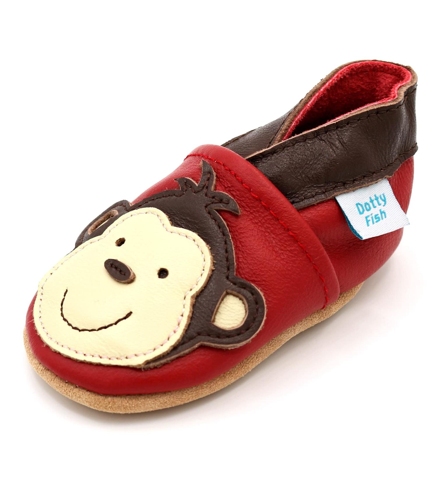 Dotty Fish Soft Leather Baby Shoes for Boys | Non Slip Toddler Shoes | Animal Designs for Boys & Girls | Red Monkey | 0-6 Months - 4-5 Years - Buy Online on SooperMarket.com