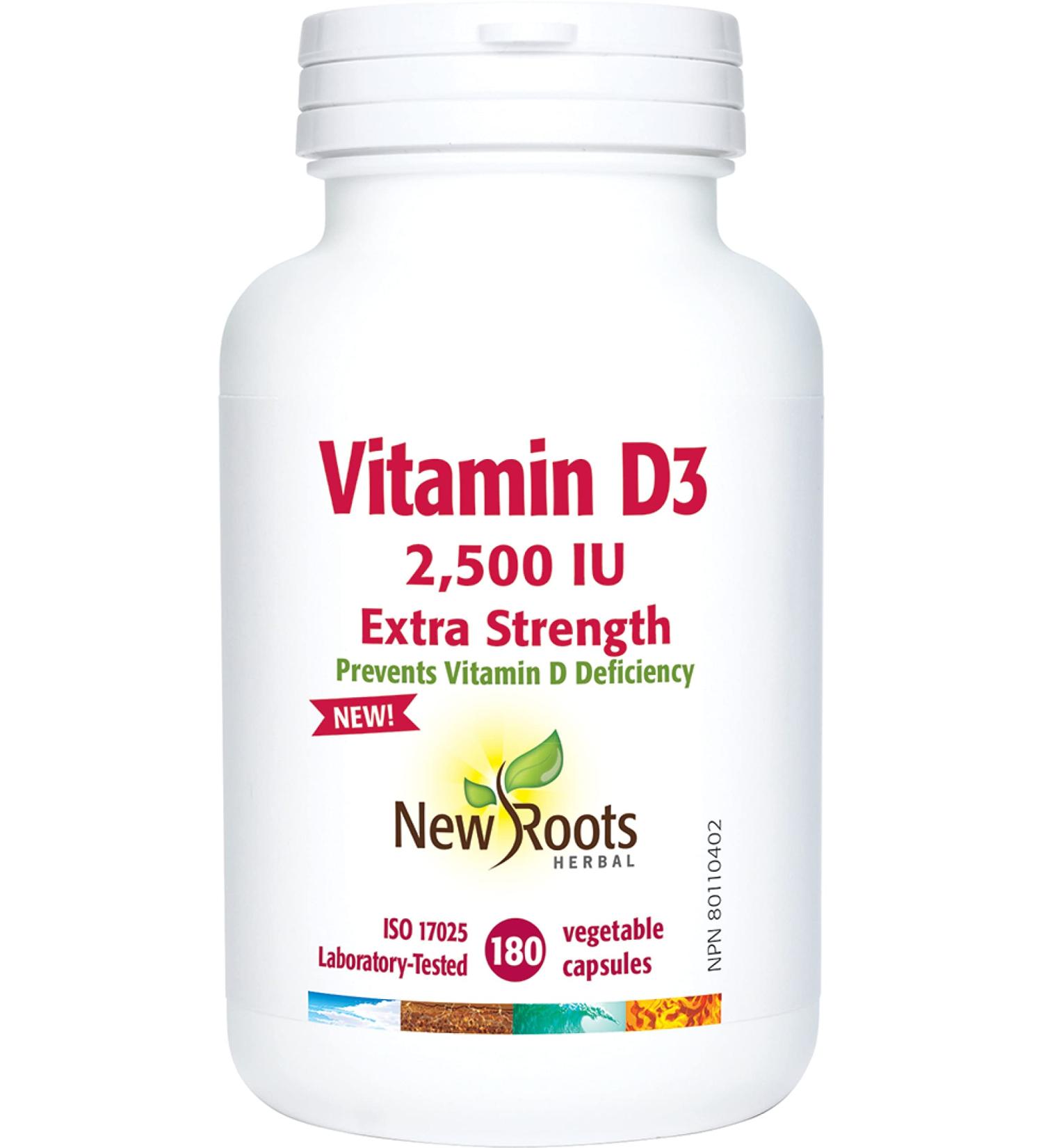 New Roots Herbal - Vitamin D3 2500 IU Extra Strength 180 Capsules - Helps to Prevent Vitamin D Deficiency - Helps in the Development and Maintenance of Bones and Teeth - Support Immune Function - Buy Online on SooperMarket.com