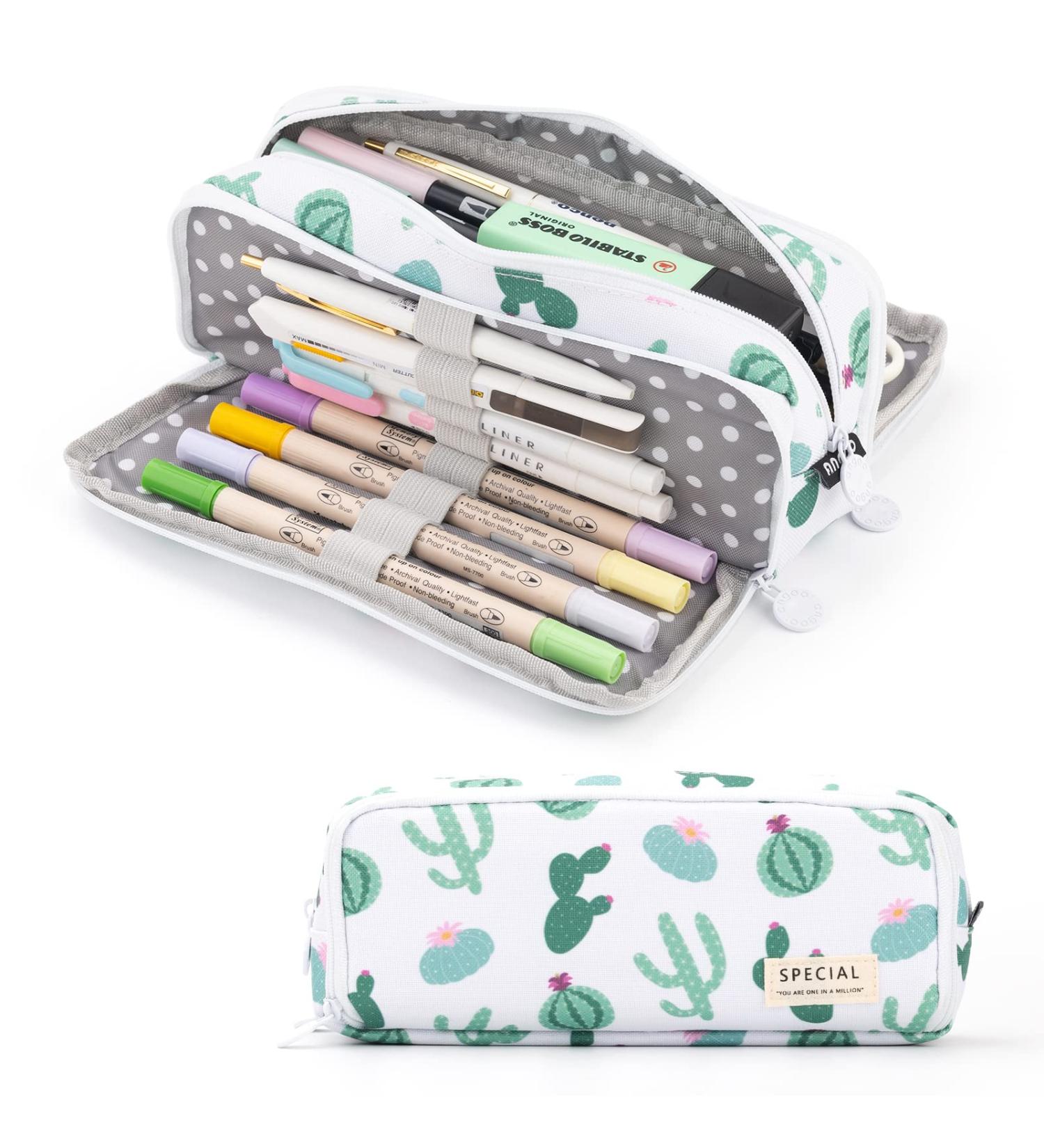 ANGOOBABY Large Pencil Case Big Capacity 3 Compartments Canvas Pencil Pouch for Teen Boys Girls School Students (Green Cactus) - Buy Online on SooperMarket.com