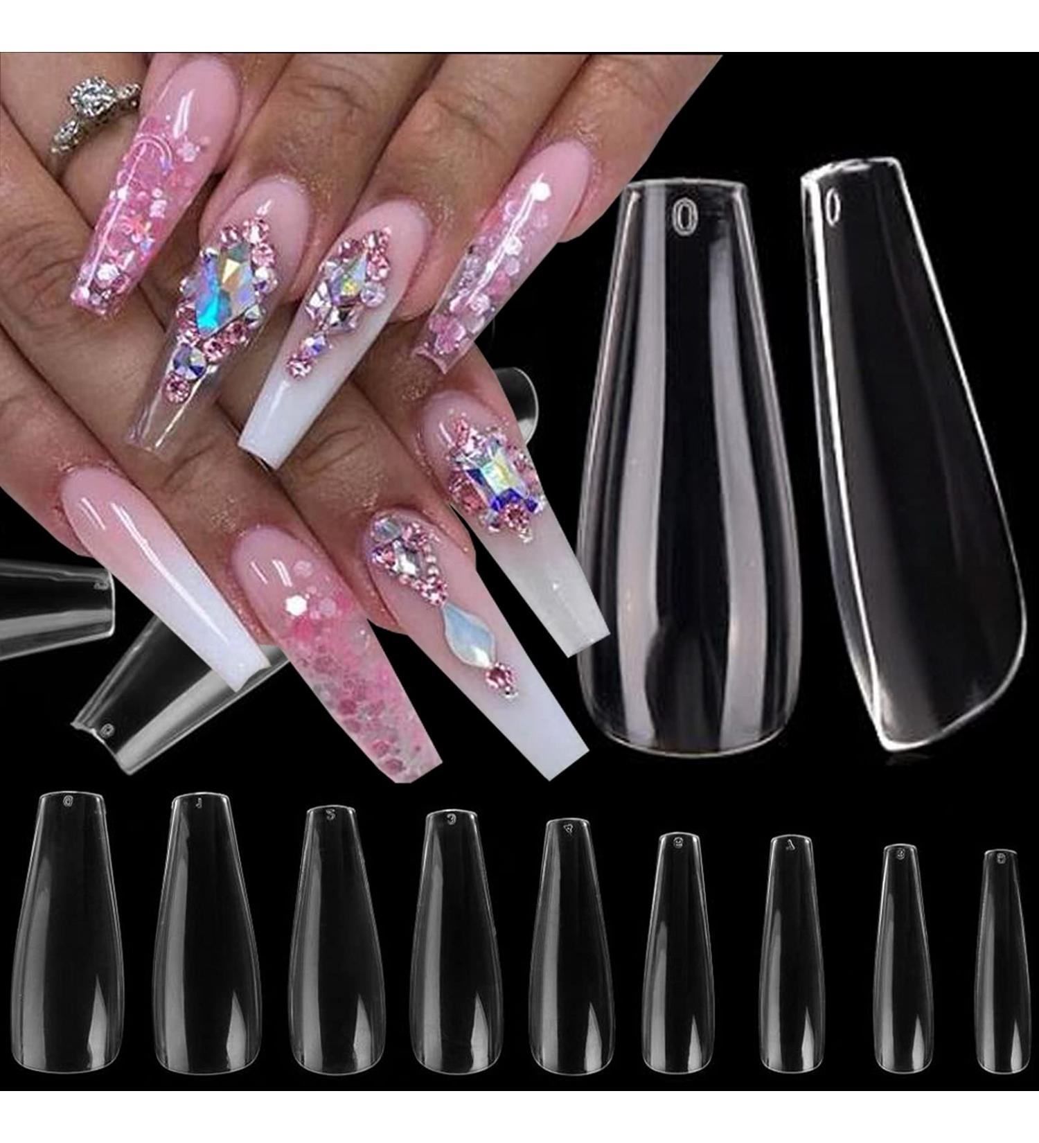 600pc Clear Acrylic Coffin False Nails - Full Cover Ballerina Shape for Women Teens Girls - Buy Online on SooperMarket.com