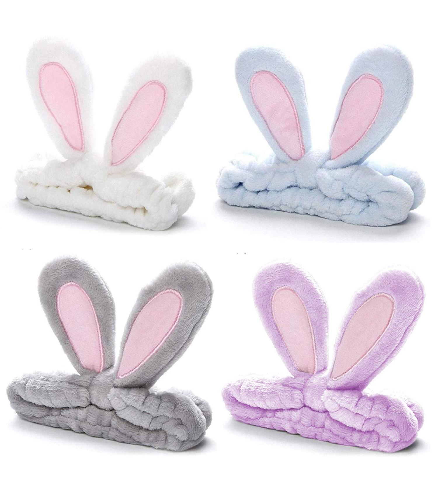 Whaline 4 Pack Easter Rabbit Ear Makeup Headband Set for Women - Coral Fleece Elastic Head Wrap for Party, Beauty Shower - Blue, White, Gray, Purple - Buy Online on SooperMarket.com