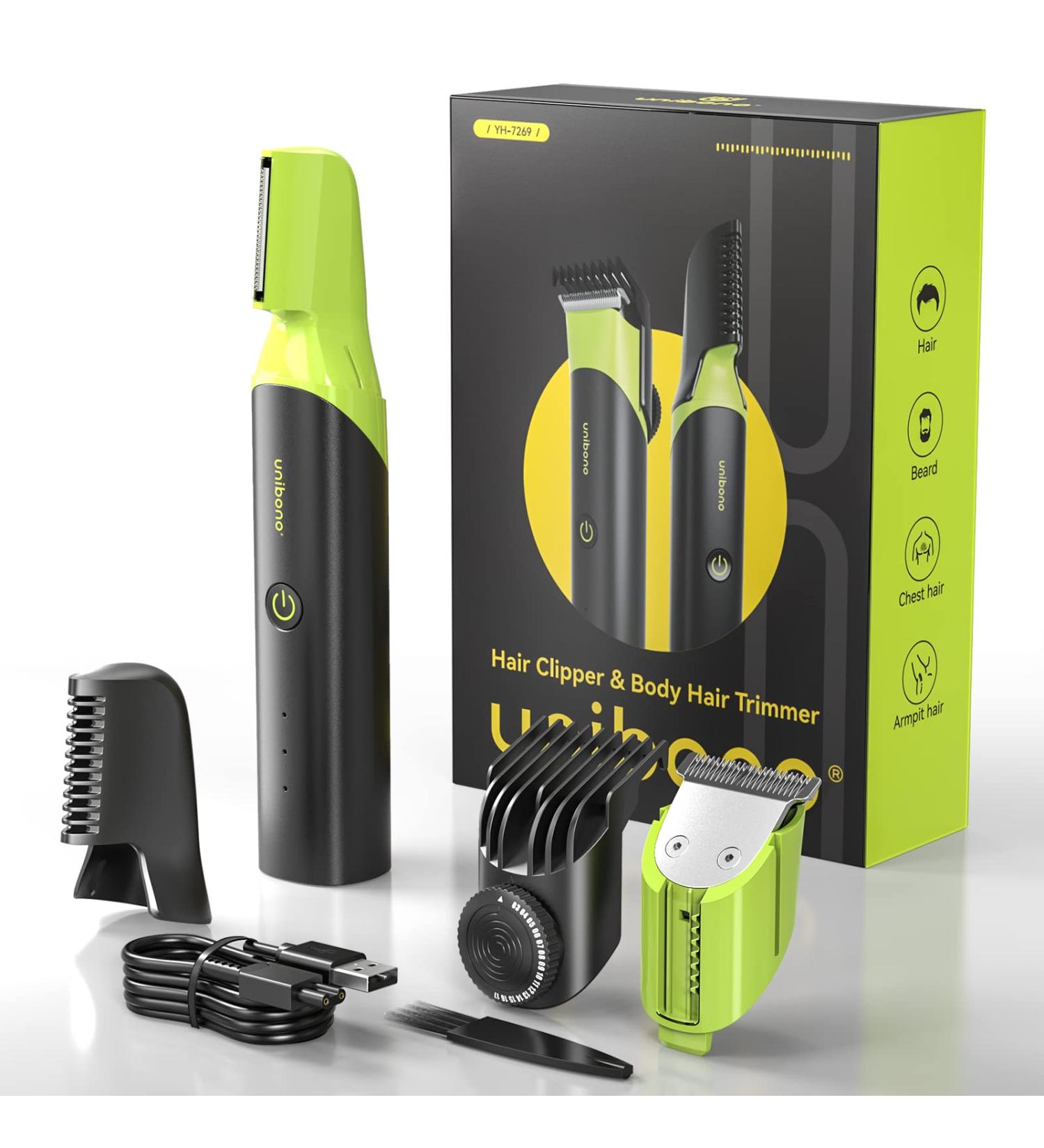 Unibono 2-in-1 Cordless Body Hair Trimmer & Clipper for Men - Electric Self-Sharpening Grooming Kit for Beard, Face, & Chest - Wet/Dry Shaver for Sensitive Areas - Black - Buy Online on SooperMarket.com