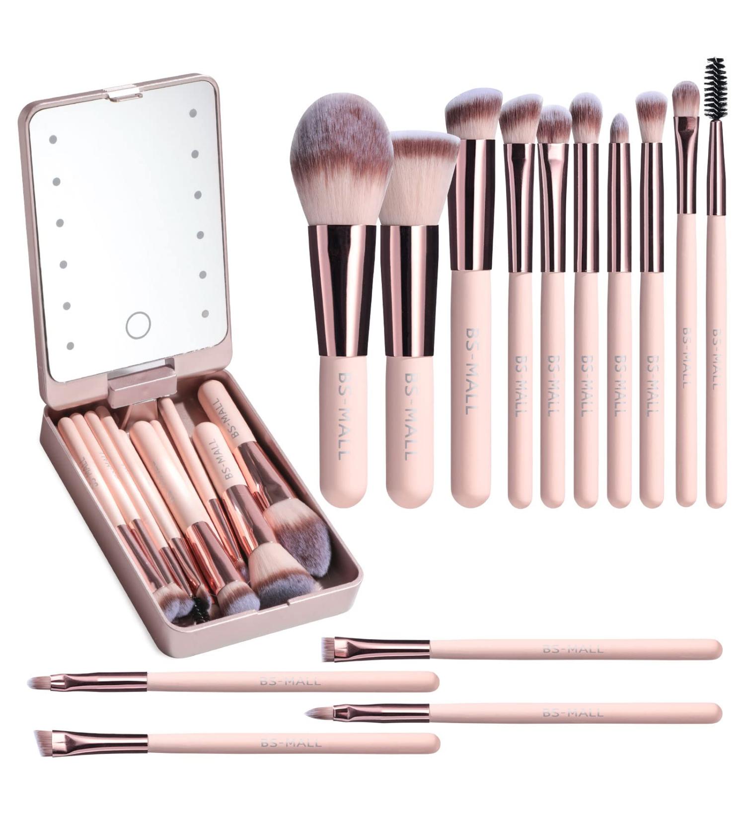 BS-MALL Travel Makeup Brush Set with LED Light Mirror - 14 Pcs Pink APINK - Buy Online on SooperMarket.com