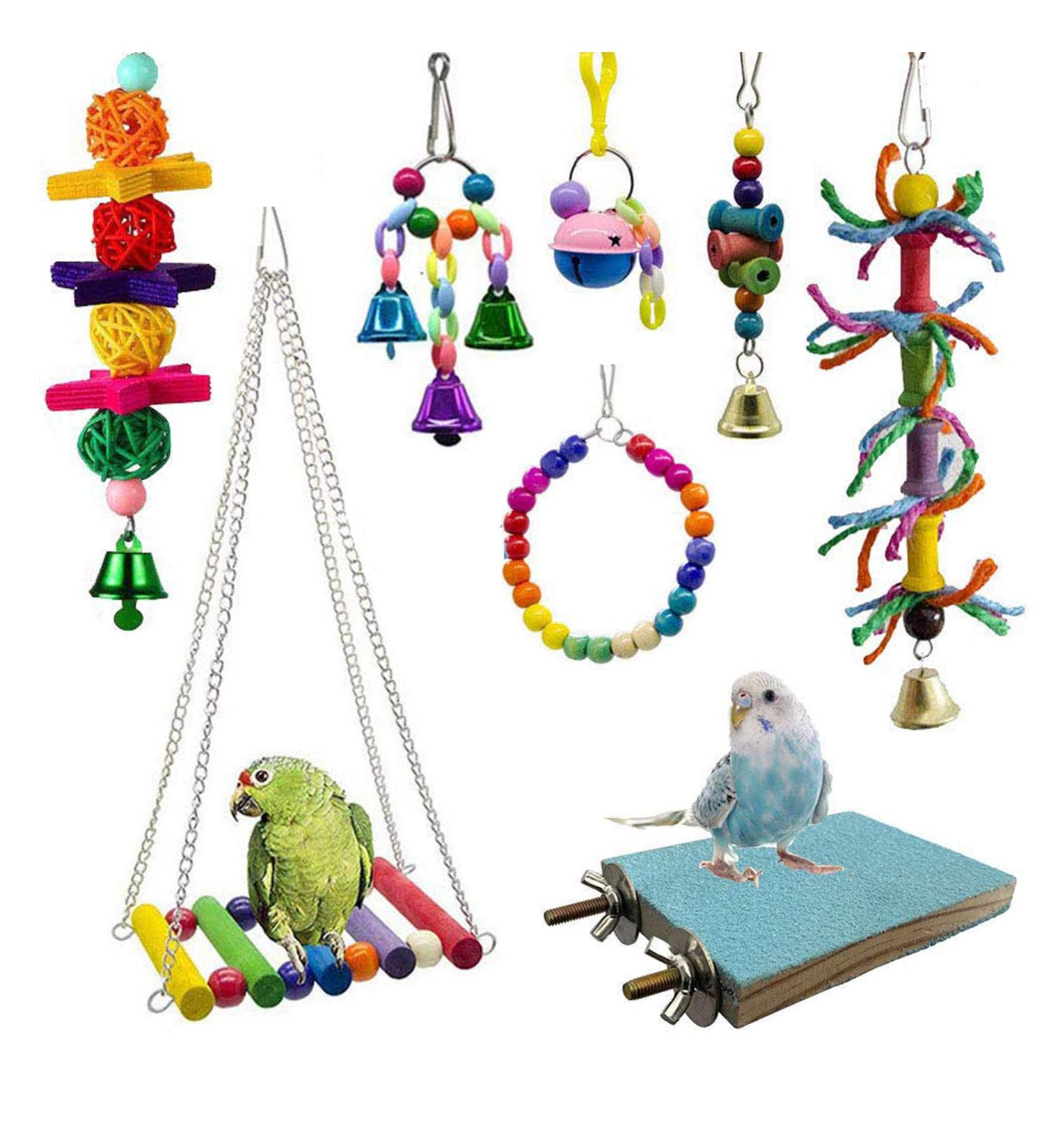 Bebester Bird Chewing Toys 8Pieces Bird Parrot Toys Bird Hanging Bell Toy Hanging Colorful Swing Chewing Toy Bells Ladder Swing for Small Parrots Macaws Parakeets Conures Cockatiels Love Birds - Buy Online on SooperMarket.com