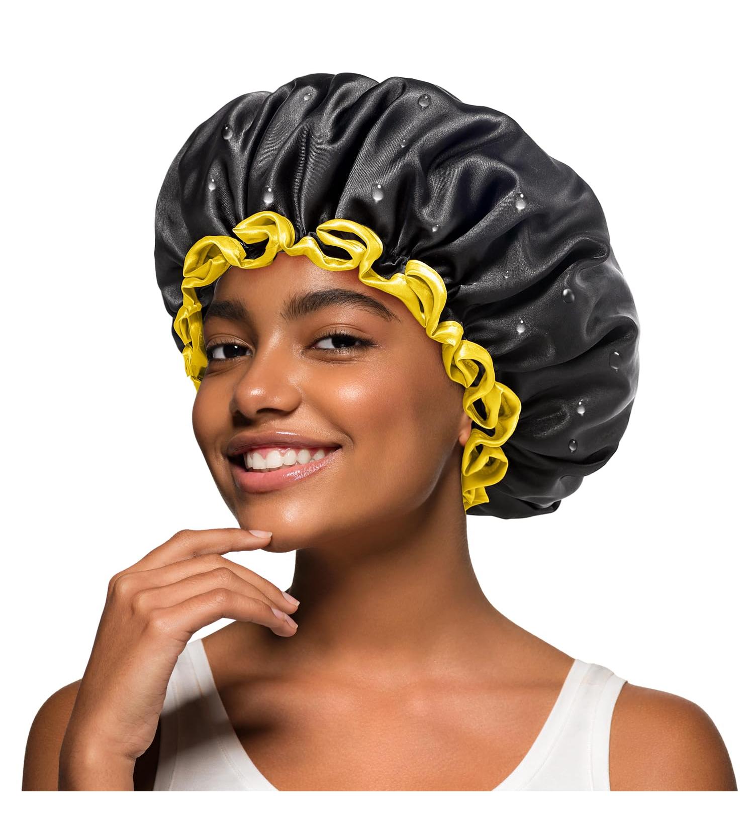 Mikimini Black Shower Hoods for Women Men & Girls - 2 Pack Waterproof Reusable Double-Fold Shower Hats with Soft PEVA Lining - Comfortable Medium Size Black & Yellow - Buy Online on SooperMarket.com