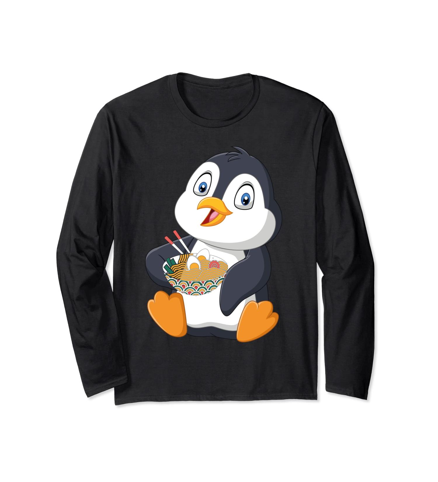 Penguin eating a Japanese Ramen noodle soup Long Sleeve T-Shirt