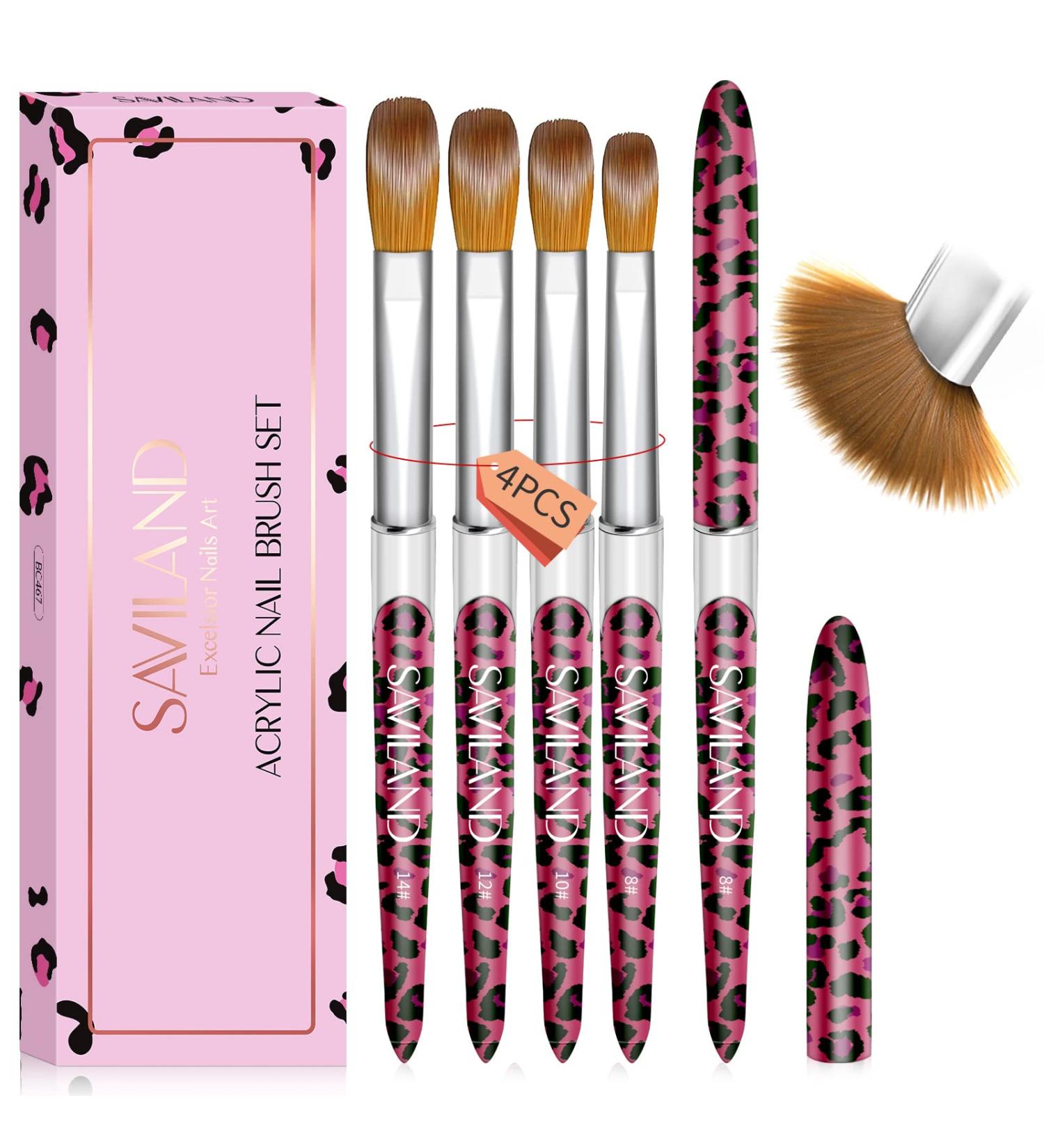 Saviland Acrylic Nail Brush Set - 4PCS Pink Leopard Print Brushes for Nail Extensions & Carving - Sizes 8/10/12/14 - Buy Online on SooperMarket.com