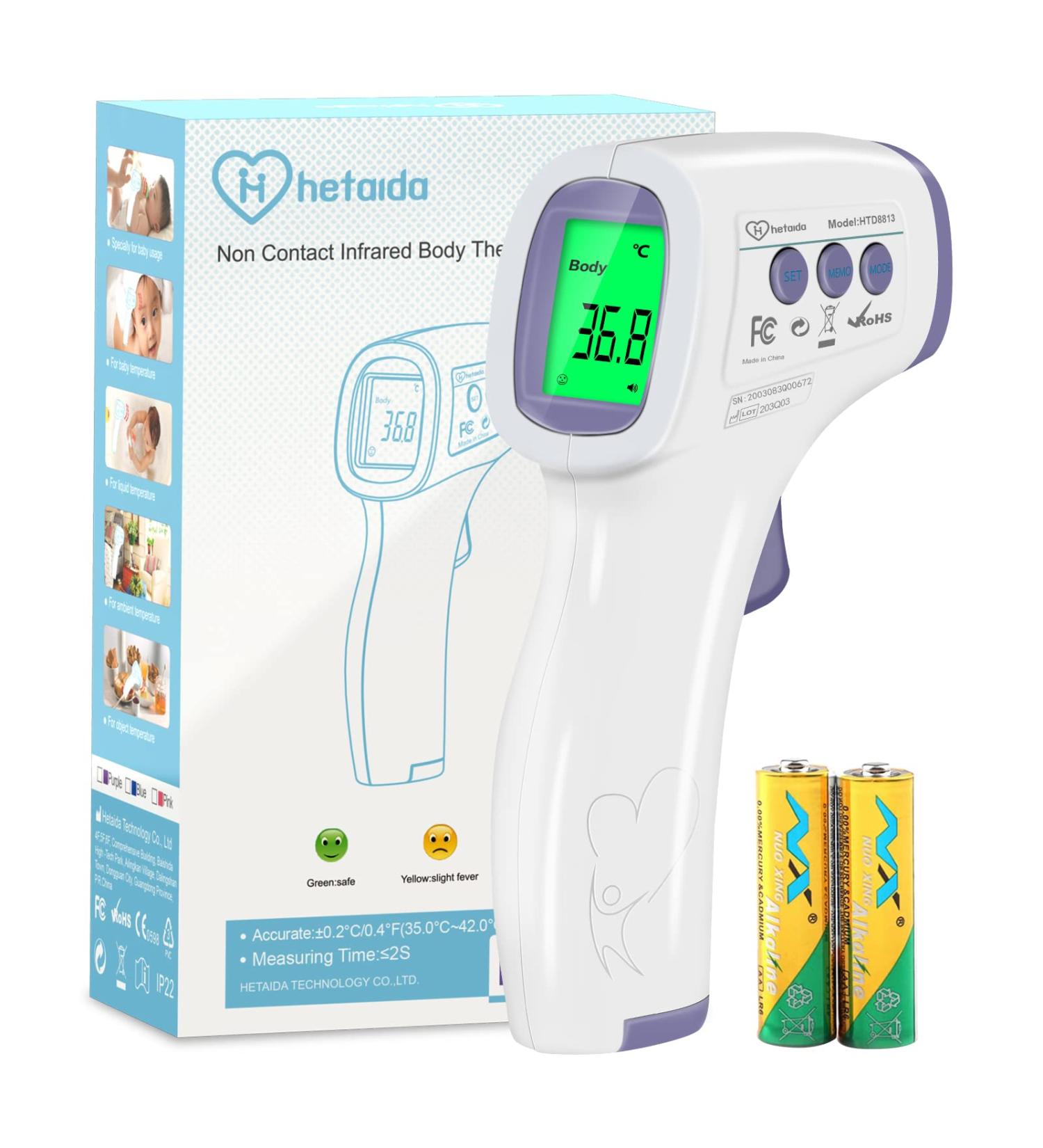 Buy Contactless Infrared Thermometer for Baby Adult & Children - Precise Fever Readings Alarm & 50 Memory Function - Digital LCD Display - White & Purple - Buy Online on SooperMarket.com