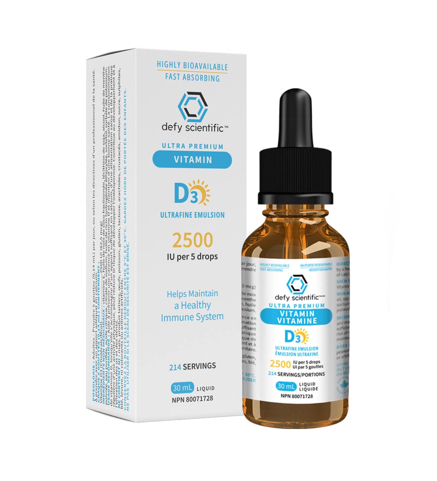 Defy Scientific Ultrafine Emulsion Vitamin D3 2500 IU Liquid (30 mL) Ultra Premium - For Maintenance of Healthy Immune System Bones and Teeth - Gluten and Dairy Free - Buy Online on SooperMarket.com
