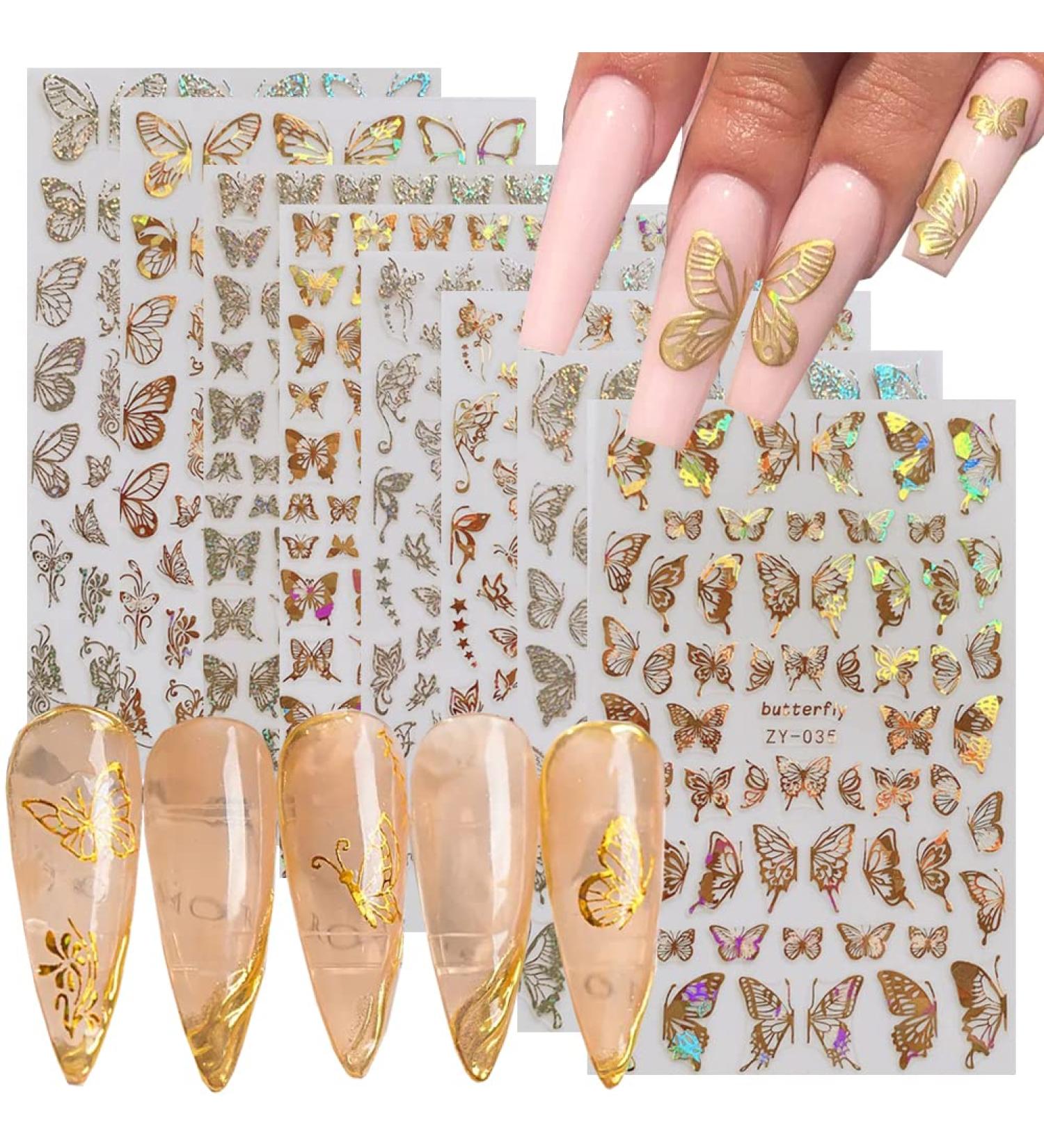 8 Sheets Gold Butterfly Nail Art Stickers | 3D Luxury Decals for Designer Nails - Women's DIY Nail Decoration Supplies - Buy Online on SooperMarket.com