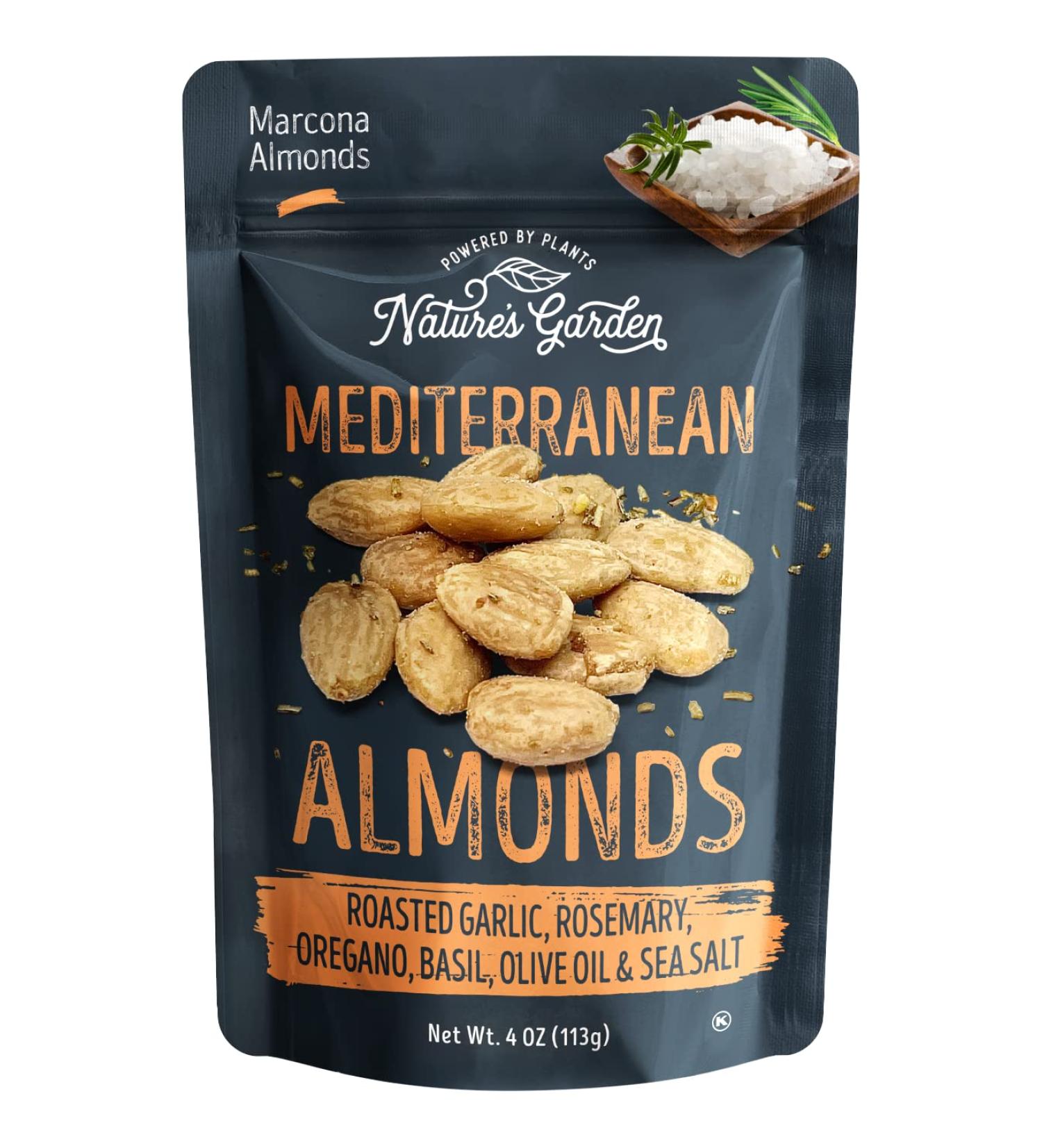 Nature's Garden Mediterranean Almonds, 4 oz (Pack of 6) - Roasted Garlic Almond, Savory Almond Snacks, Flavored Nuts Snack Pack, Seasoned Bulk Almonds, Gluten Free Almonds, Healthy Snacks for Adults