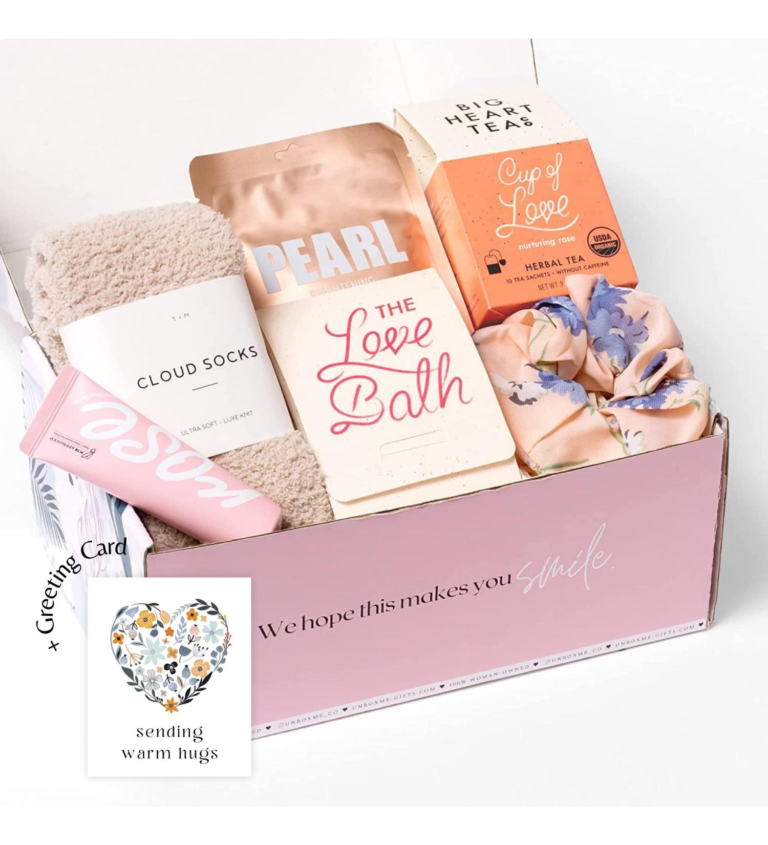 Unboxme Gift Basket for Women - Relaxation & Self Care Package with Vegan Hand Cream, Pearl Sheet Mask, Herbal Bath Soak, Rose Organic Tea, Fluffy Socks, Floral Scrunchie & Warm Hugs Card - Buy Online on SooperMarket.com