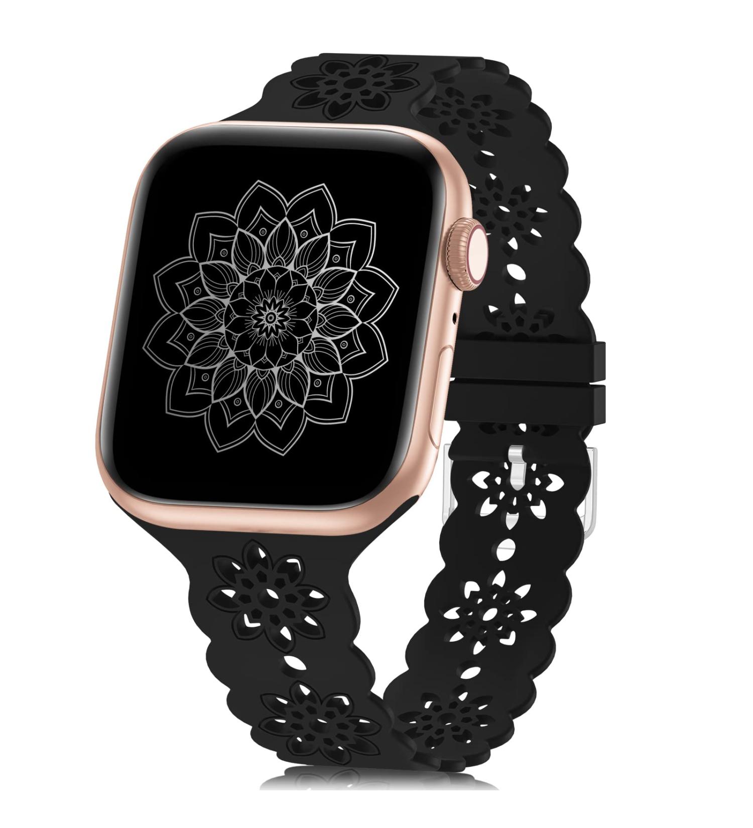 Floral Silicone Band Compatible with Apple Watch Bands 38mm 40mm 42mm 44mm 41mm 45mm 49mm Women Men  Slim Hollow-Out Design Wristbands Soft Sport Breathable Watch Bands for iWatch Ultra SE Series 8/7/6/5/4/3/2/1 Black 38mm/40mm/41mm - Buy Online on SooperMarket.com