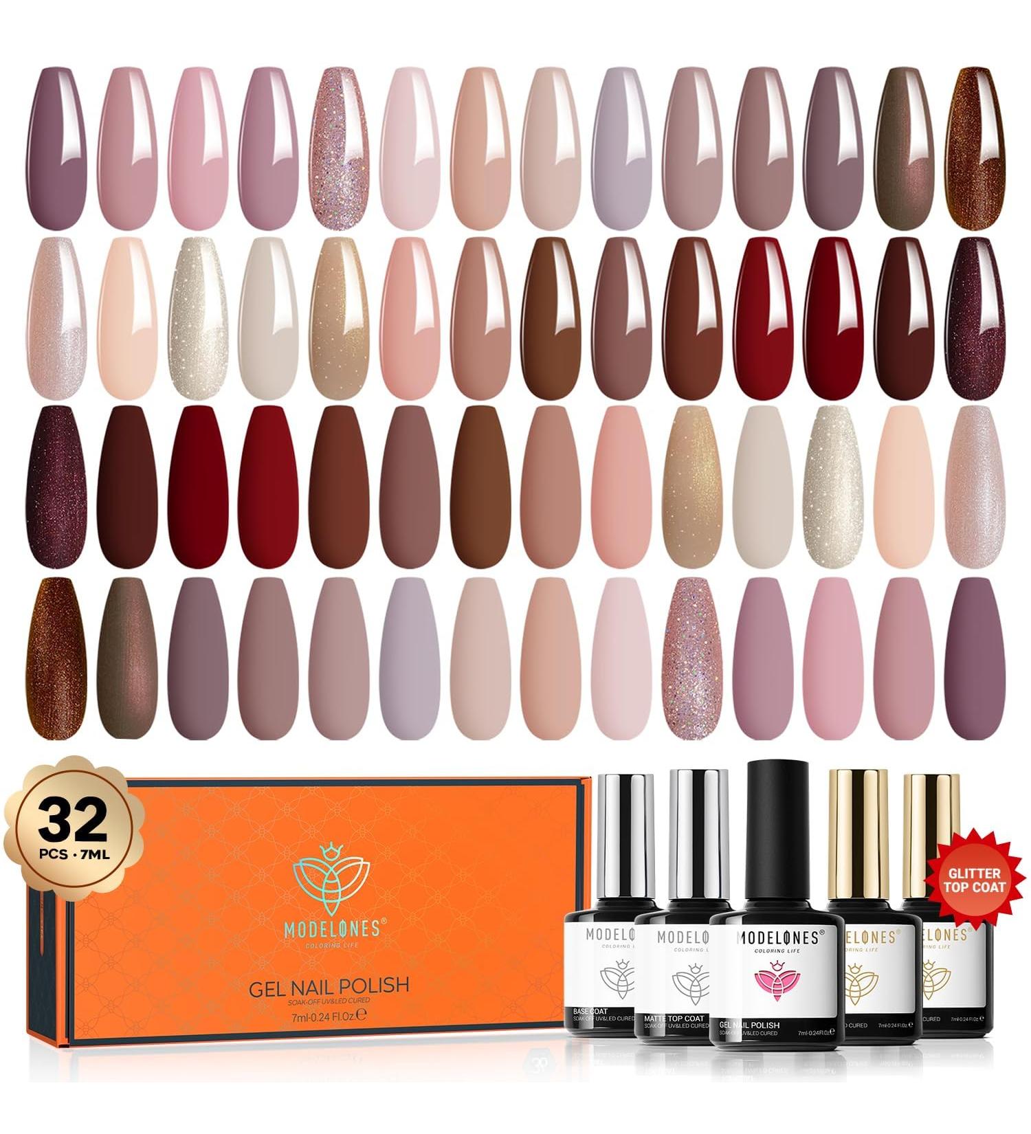 Modelones 32 PCS Gel Nail Polish Kit 28 Colors Nude Brown Gel Polish with Glitter & Glossy & Matte Gel Top Base Coat Glitter Nude Brown Red Pink Gel DIY Home Nail Curing Gifts for Women - Buy Online on SooperMarket.com