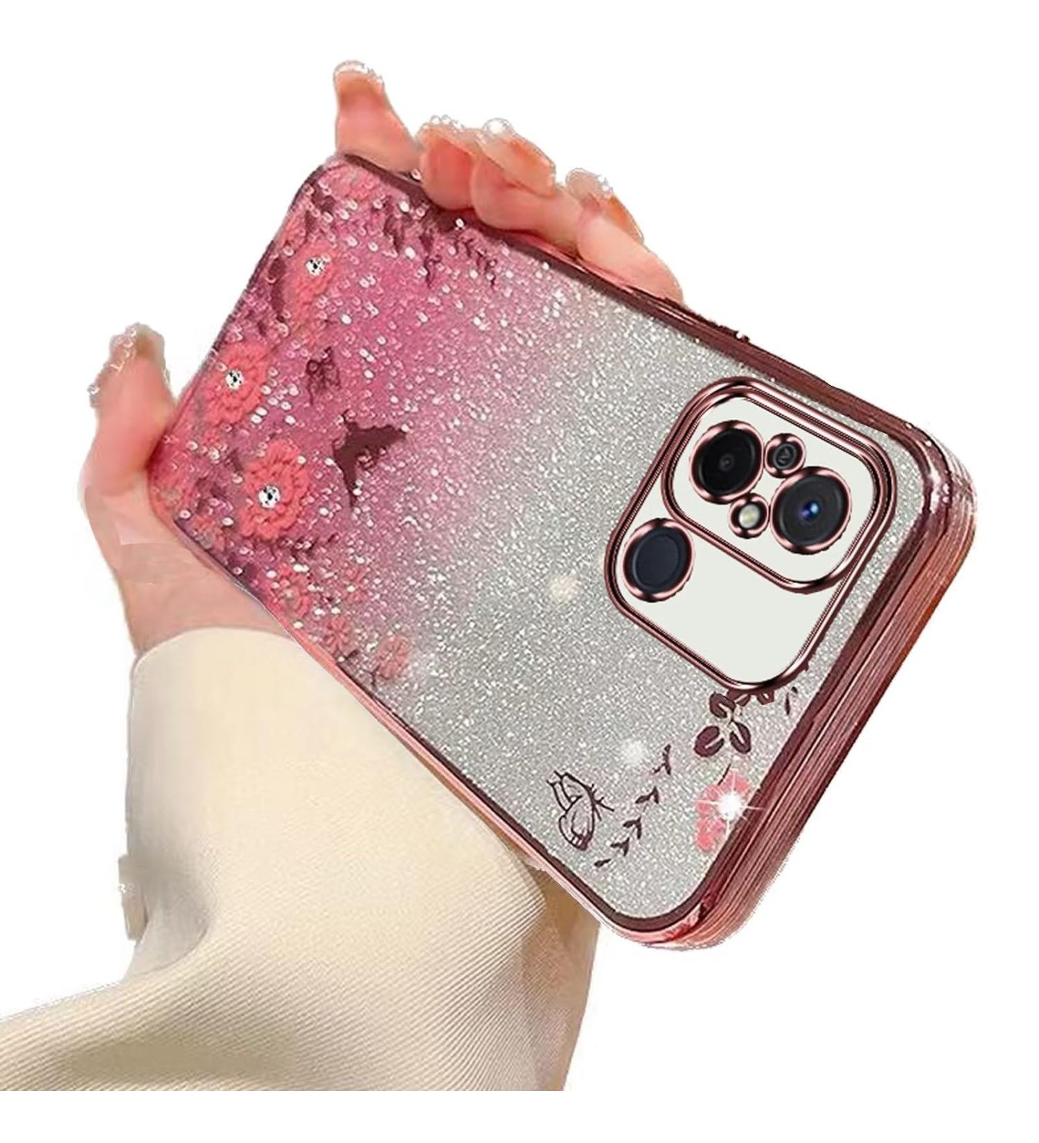 Tivenfezk Glitter Diamond Case for Xiaomi Redmi 12C | Sparkle Flower Butterfly Soft Silicone Cover | Rhinestone Protective Case in Pink - Buy Online on SooperMarket.com