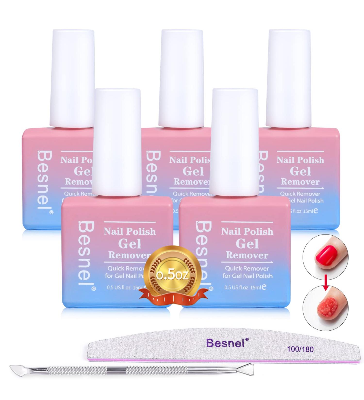 Besnel Gel Nail Polish Remover 5 Pack - Professional Non-Irritating Formula with Nail File, Cuticle Pusher - Quick, Easy Gel Polish Removal without Foil Soaking - 1 Fl Oz - Buy Online on SooperMarket.com