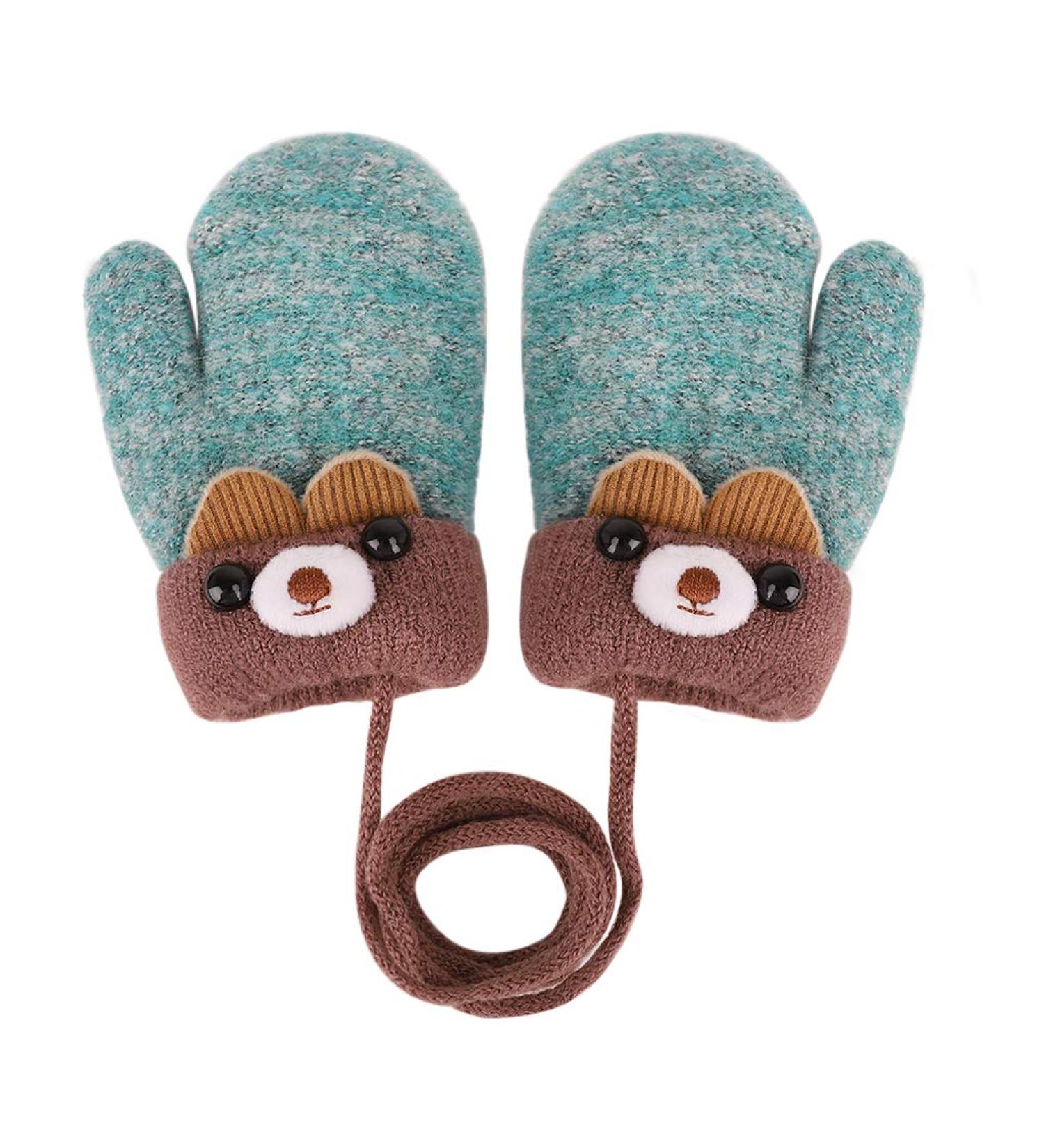 Kids Toddlers Knitted Fleece-Lined Mittens with String - Green | Winter Warm Cartoon Gloves for Ages 0-3 - Buy Online on SooperMarket.com