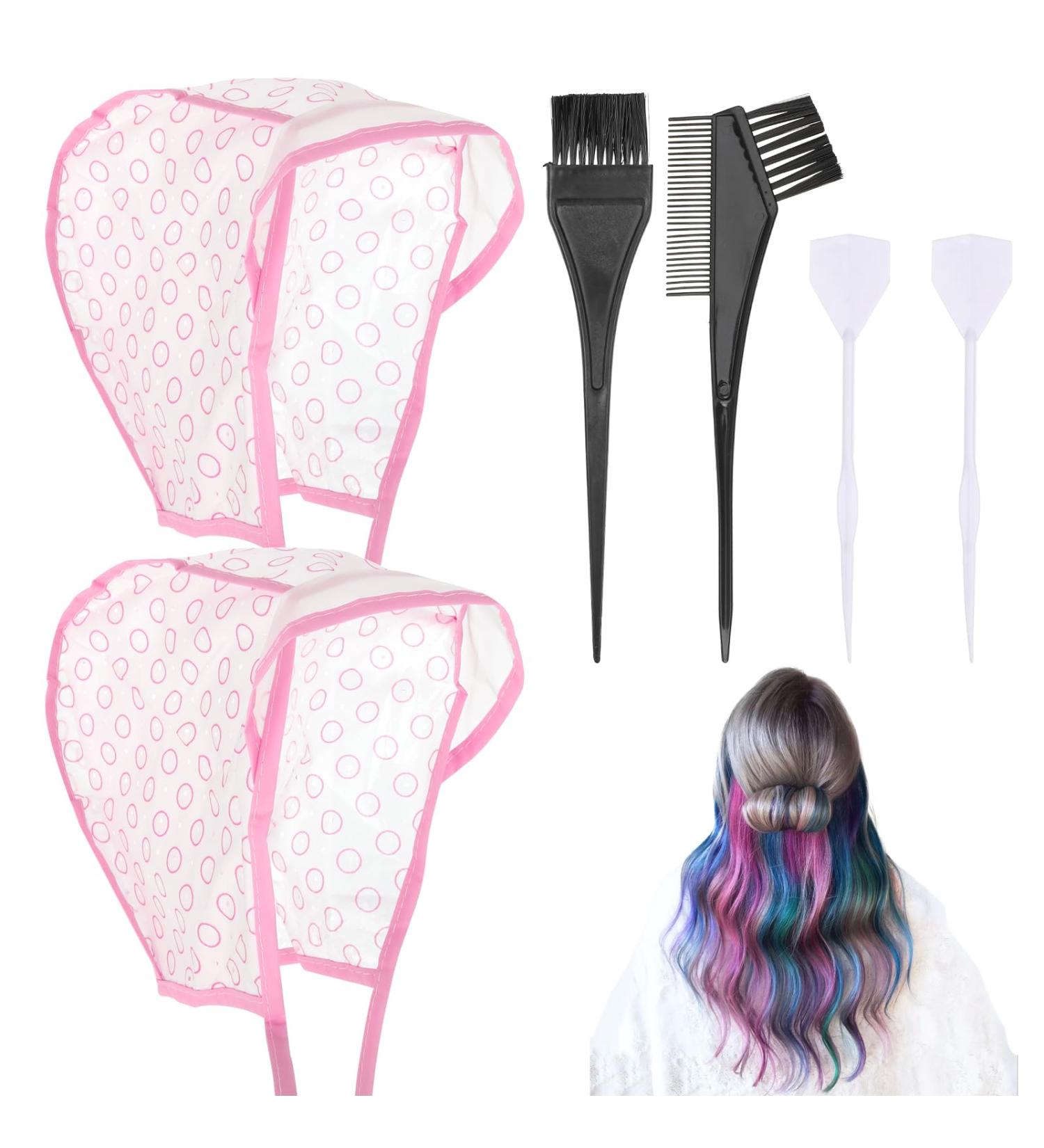 Bewudy 2 Sets of Hair Coloring Kits Hair Highlighting Caps Hair Dye Cap Disposable Hair Art Frosting Cap with Plastic Crochet Hook and Hair Dye Brushes for Salon Hair Dyeing Hairdressing (Pink) - Buy Online on SooperMarket.com