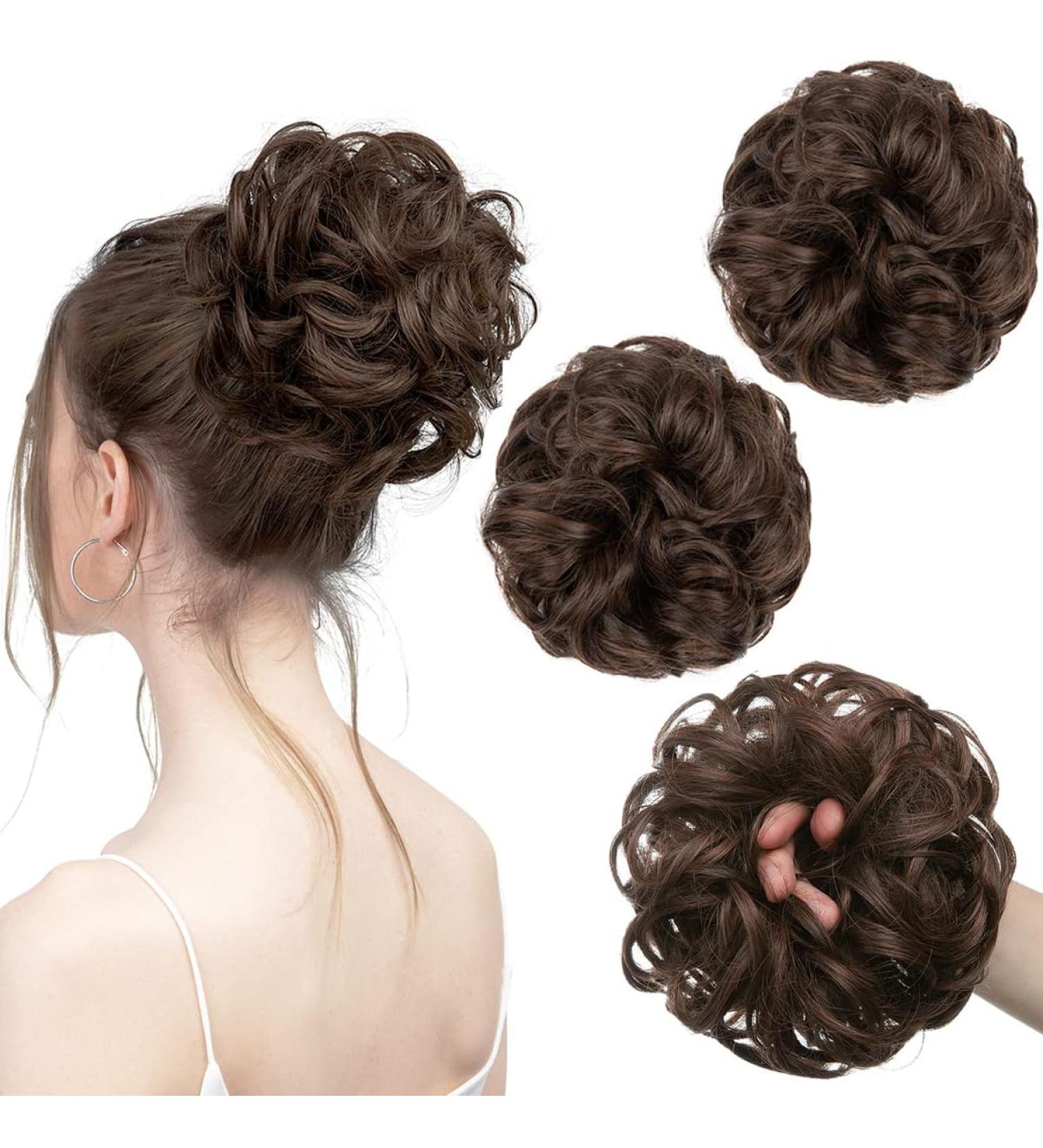 PORSMEER Messy Hair Buns Extensions- Curly Wavy Updo Scrunchies for Women, Medium Brown - Buy Online on SooperMarket.com