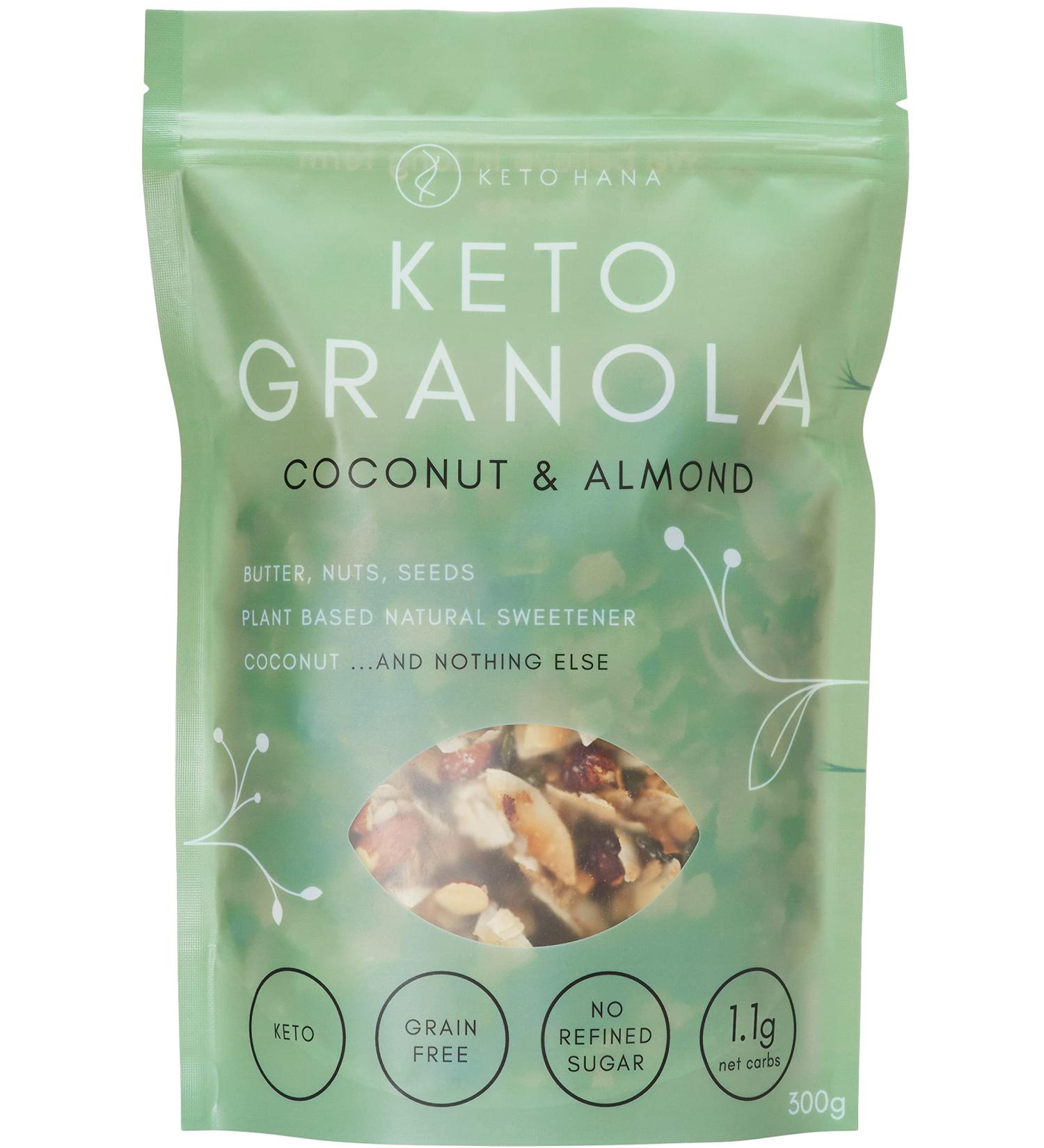 Keto Hana Coconut & Almond Original Butter Breakfast Granola with No Refined Sugars & Only 1.1g Net Carbs Includes 4 x 300gr/0.6lbs Family Bags - Buy Online on SooperMarket.com