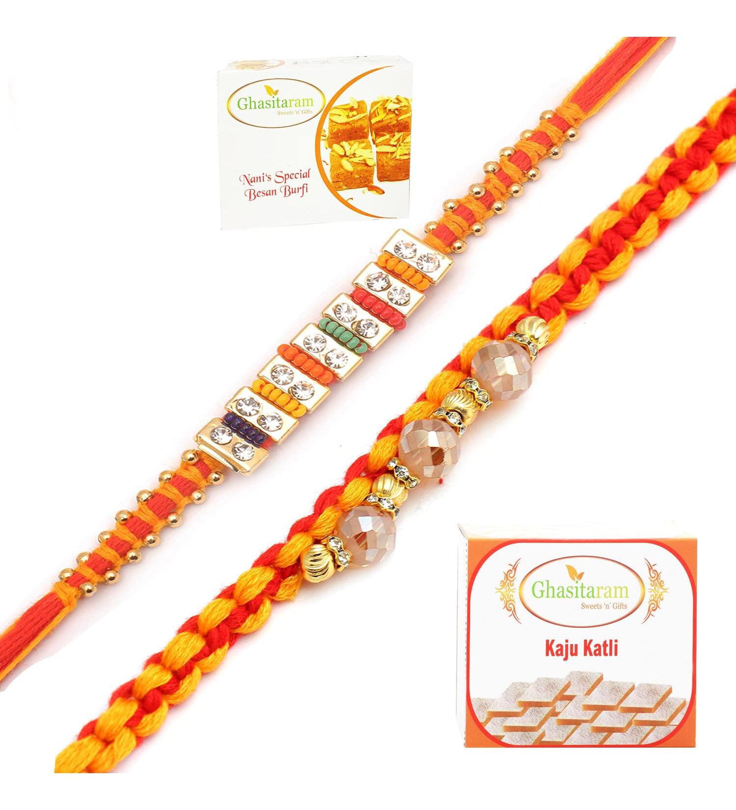 Ghasitaram Gifts Rakhi for Brother Rakhis Online - Set of 2 Glittering Thread and Multicolour Stone Premium Rakhis with 200 GMS of Besan Barfi and 200 GMS of Kaju Katli - Buy Online on SooperMarket.com