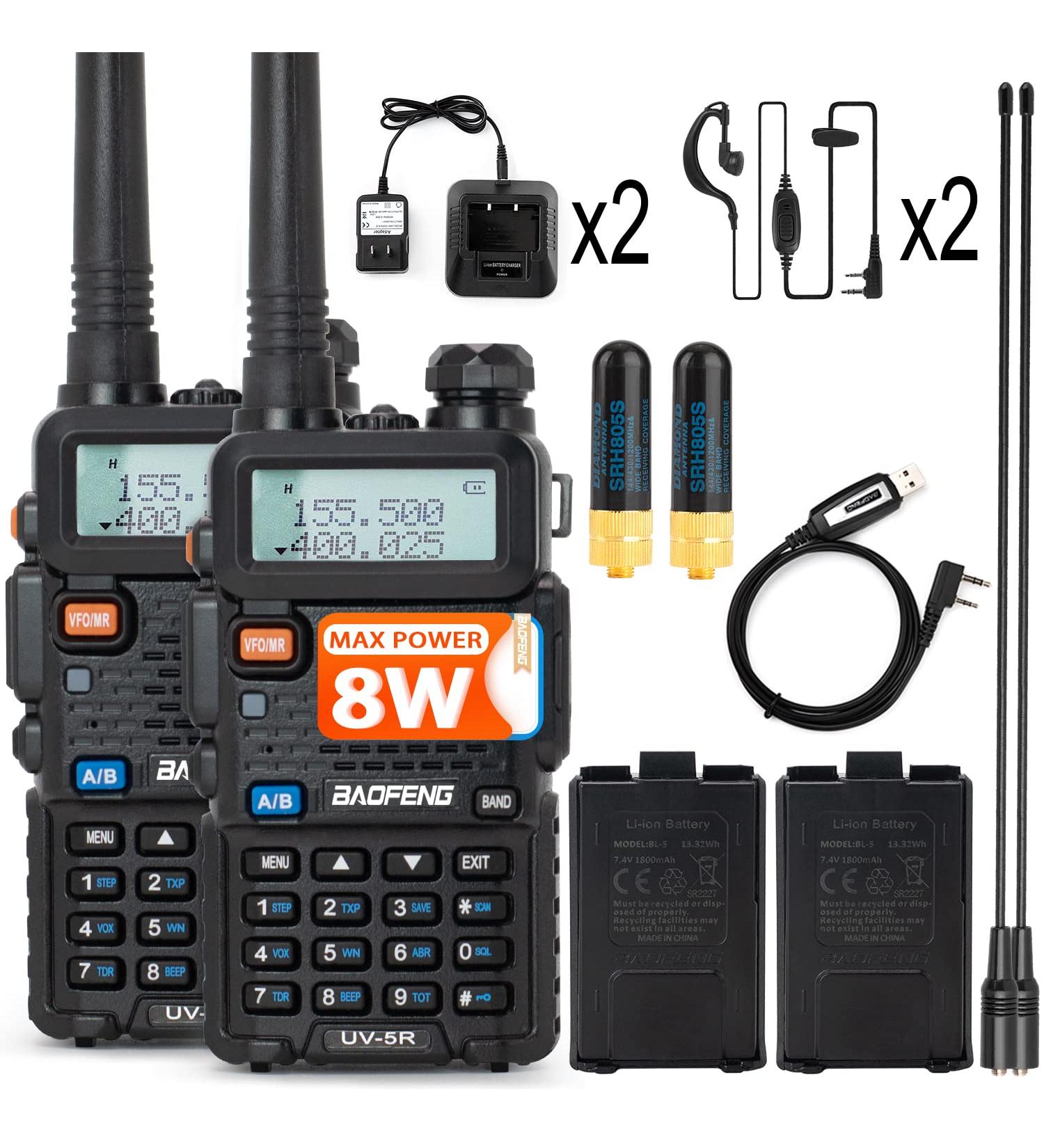 BaoFeng UV-5R 8W 2Pack Handheld Ham Radios with High Gain Antenna and Programming Cable - VHF & UHF - Buy Online on SooperMarket.com