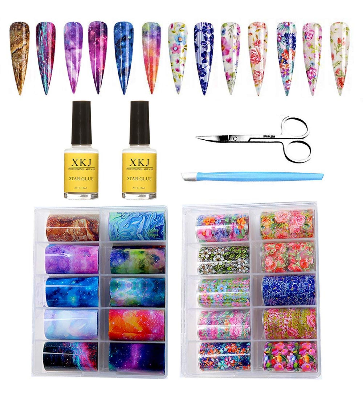 Kalolary 20 Color Starry Sky Nail Foil Set with Nail Glue - Holographic Transfer Stickers for DIY Nail Art at Home or Salon - Buy Online on SooperMarket.com